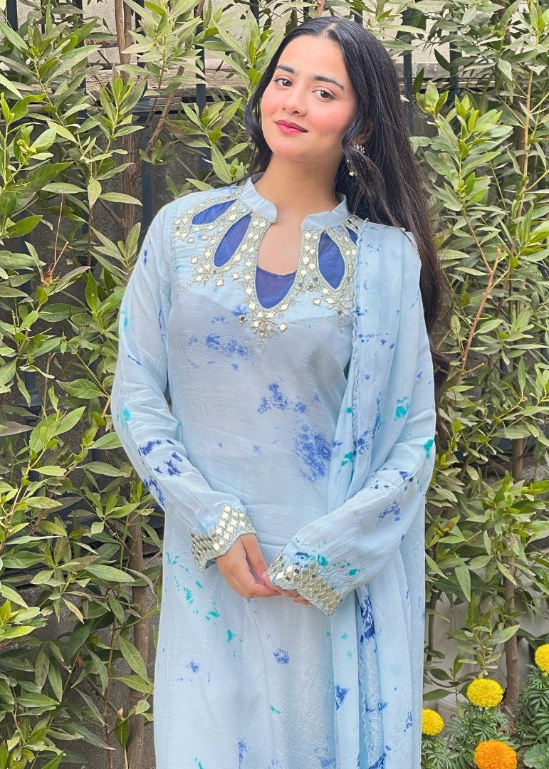 Haya'S Creation Mirror worked Light Blue Soft Raw Silk Dress Women 3pcs