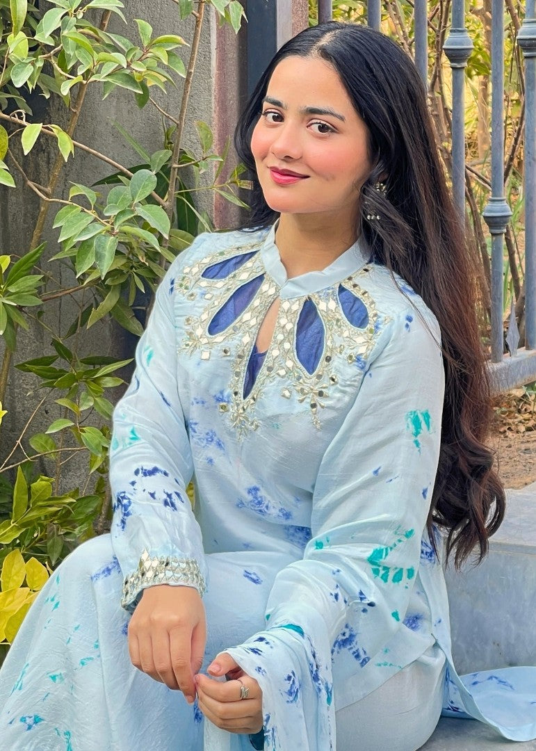 Haya'S Creation Mirror worked Light Blue Soft Raw Silk Dress Women 3pcs