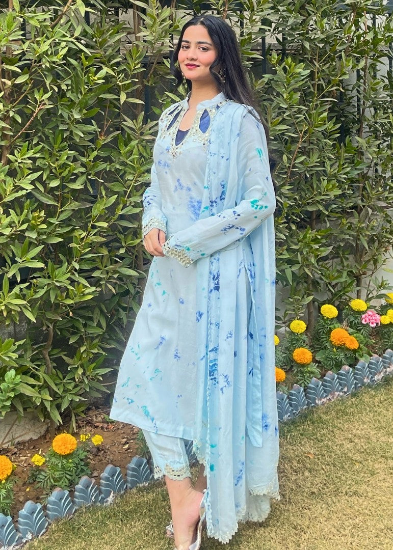 Haya'S Creation Mirror worked Light Blue Soft Raw Silk Dress Women 3pcs