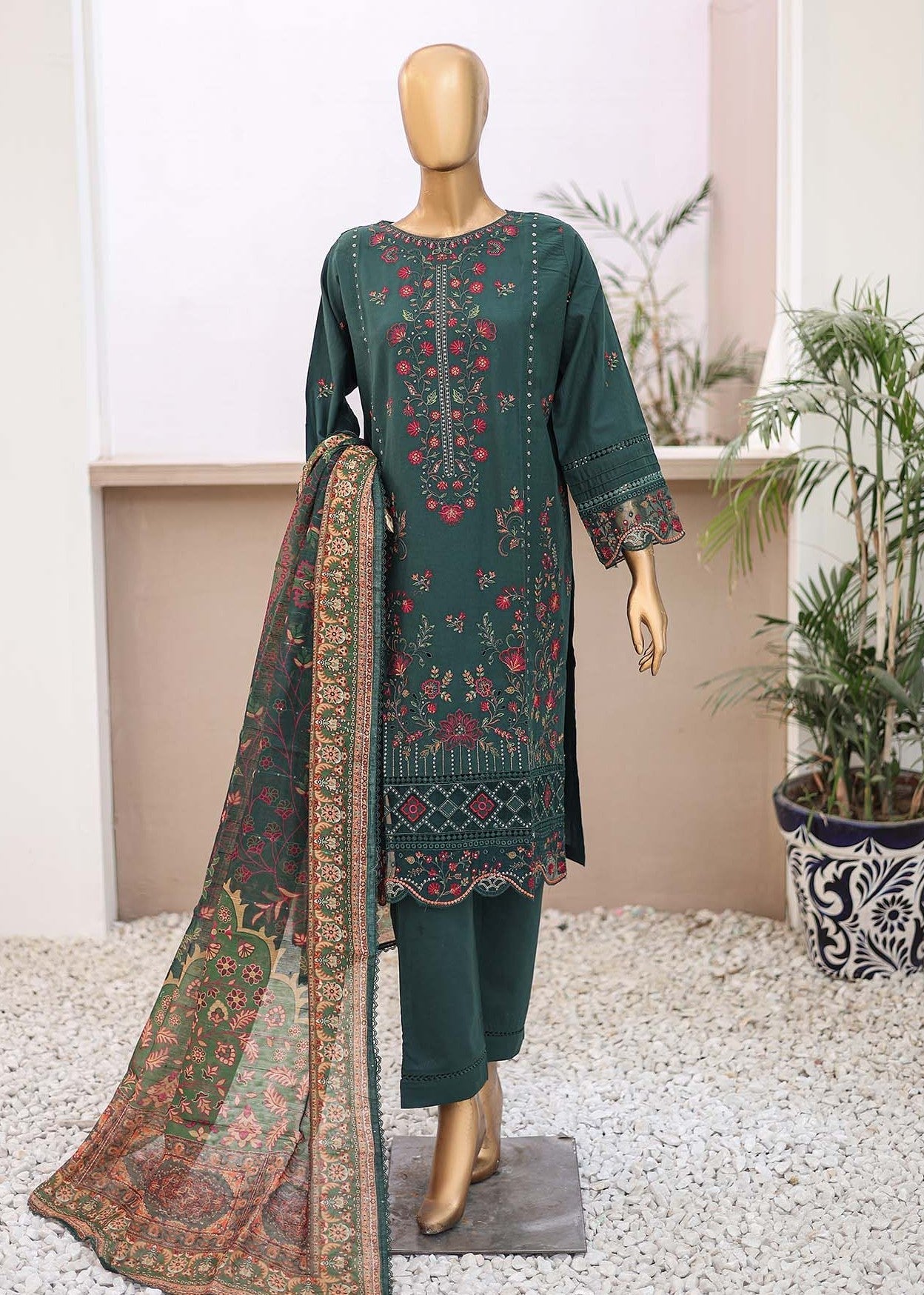 Suntex Fabrics – Green Festive Embroidered Women 3pcs