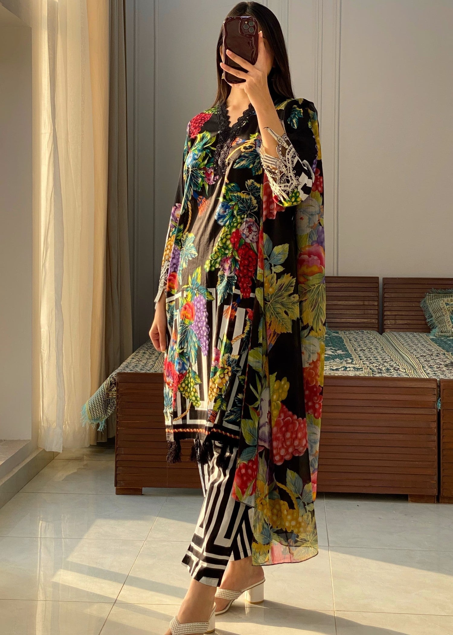 Shrenz Pret Shrenz Black Fruit Pret Lawn Women 3pcs