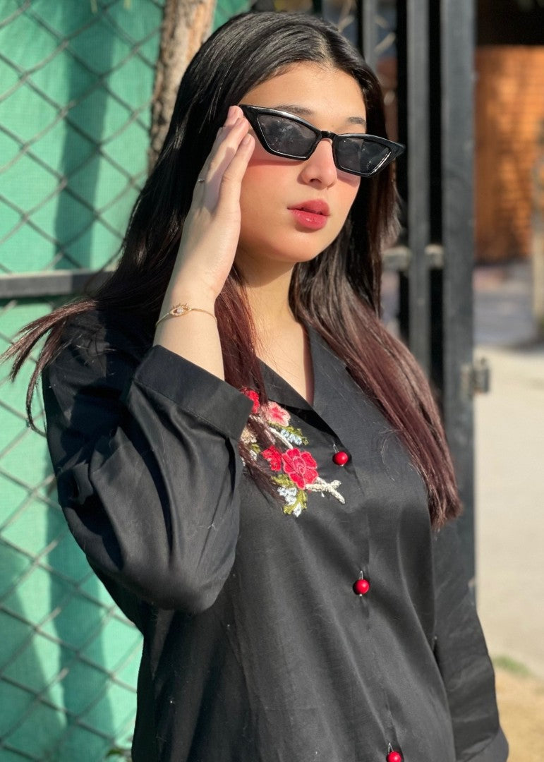 Haya'S Creation Embroidered Black Lawn Short Dress Women 2pcs