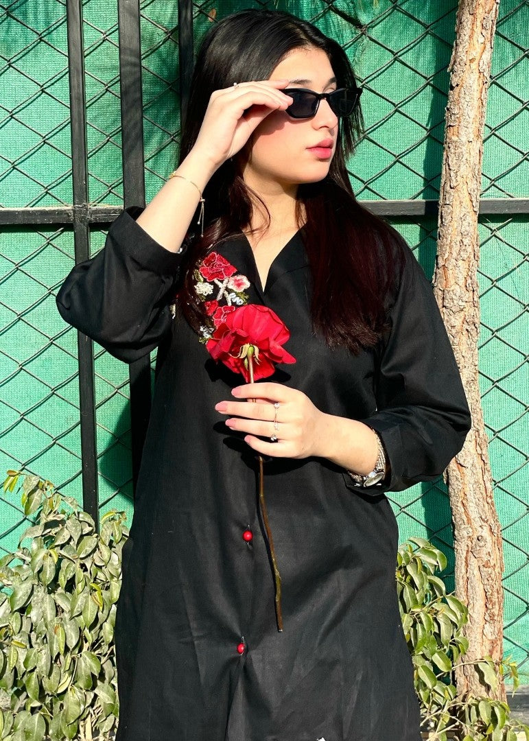 Haya'S Creation Embroidered Black Lawn Short Dress Women 2pcs