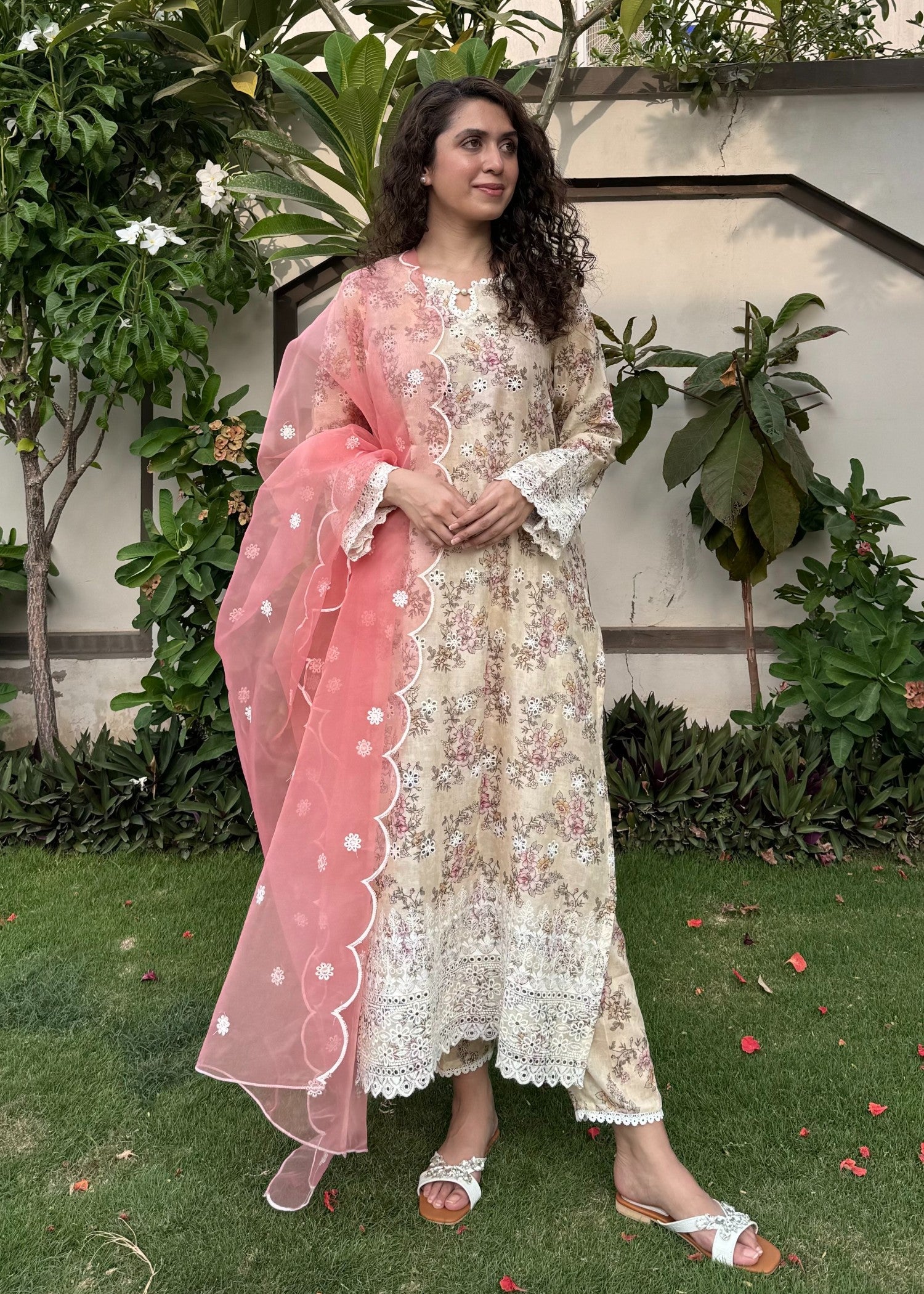 Naaz Couture Beige Print Lawn Chikankari Suit Women 3pcs