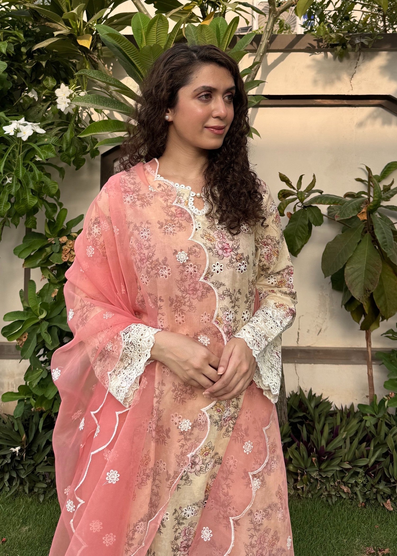 Naaz Couture Beige Print Lawn Chikankari Suit Women 3pcs