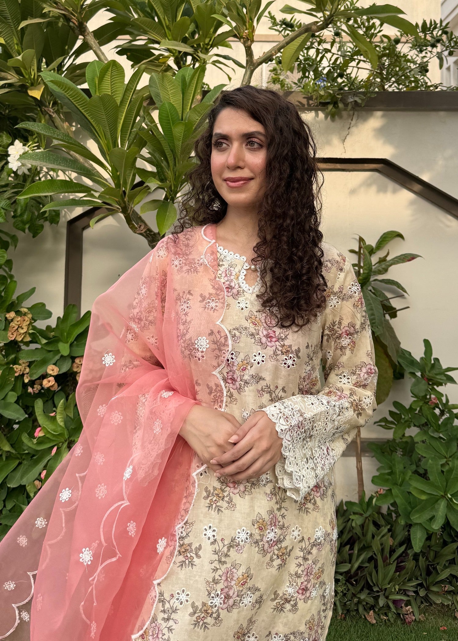 Naaz Couture Beige Print Lawn Chikankari Suit Women 3pcs