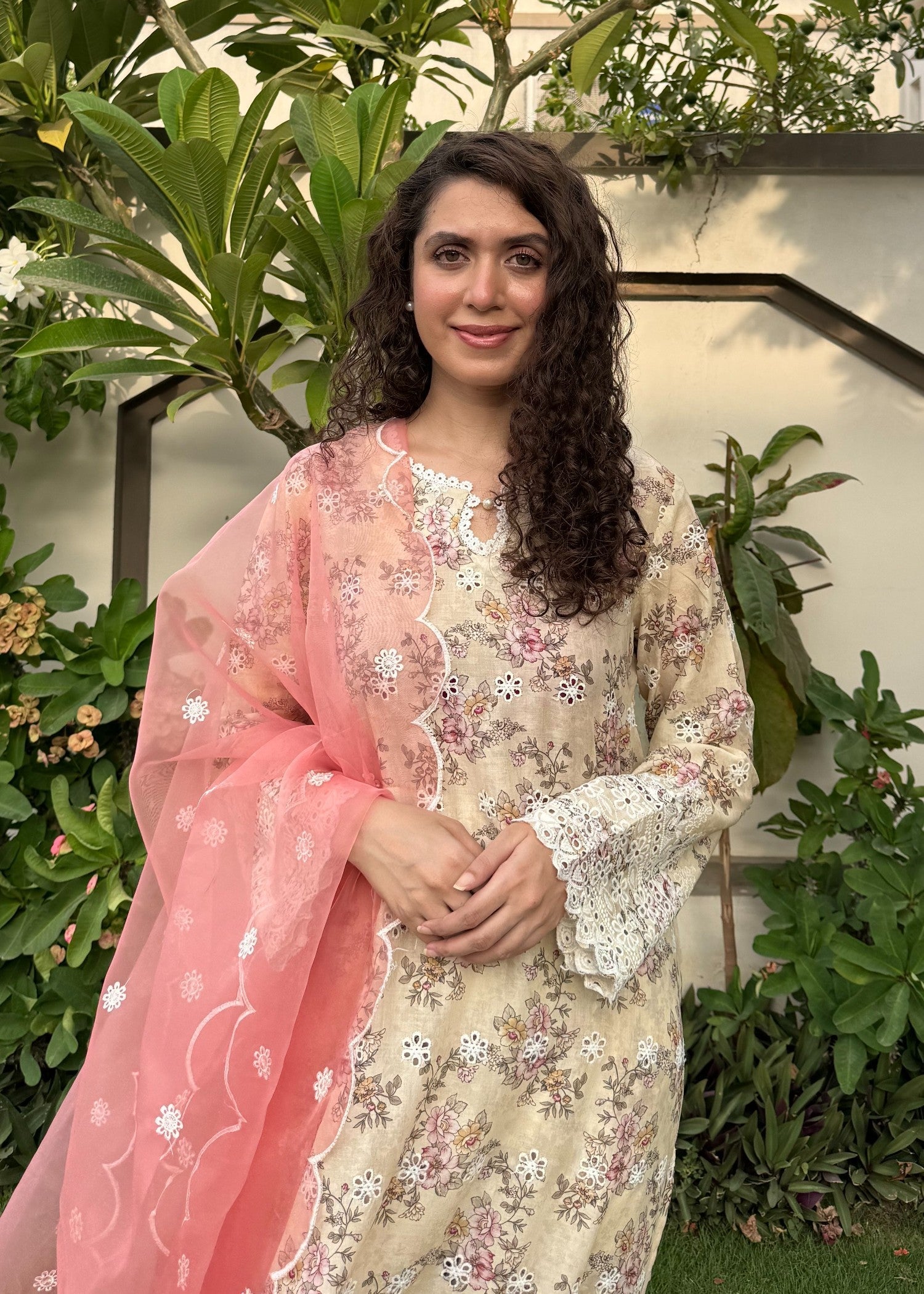 Naaz Couture Beige Print Lawn Chikankari Suit Women 3pcs