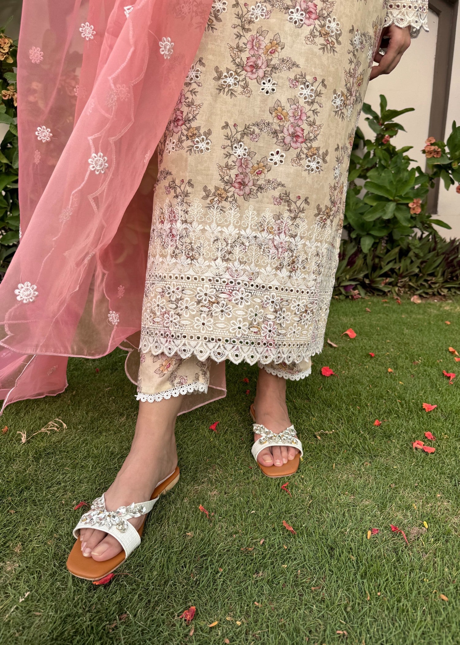 Naaz Couture Beige Print Lawn Chikankari Suit Women 3pcs