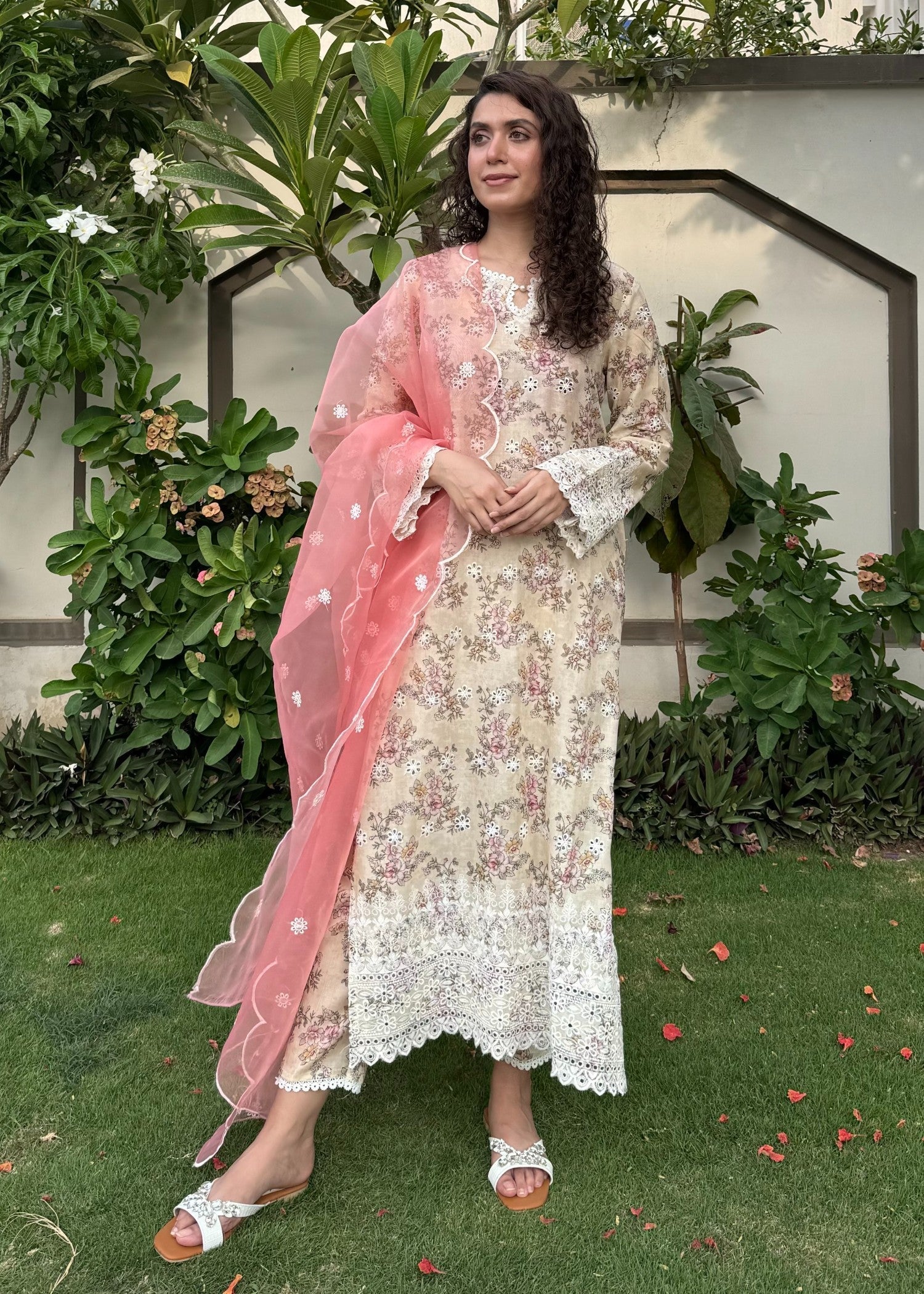 Naaz Couture Beige Print Lawn Chikankari Suit Women 3pcs