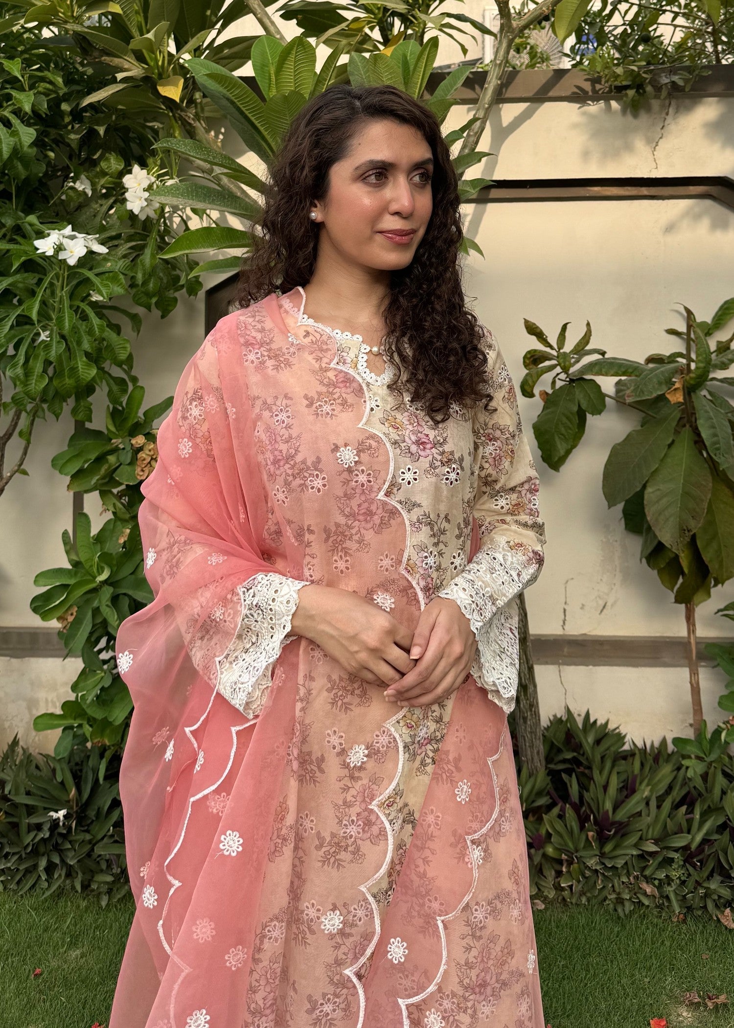 Naaz Couture Beige Print Lawn Chikankari Suit Women 3pcs