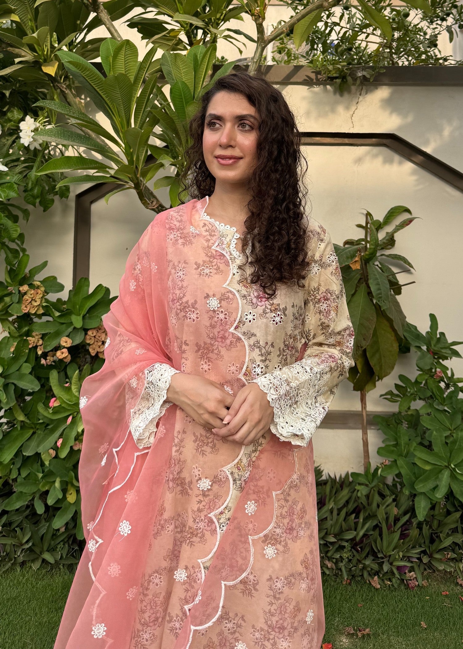 Naaz Couture Beige Print Lawn Chikankari Suit Women 3pcs