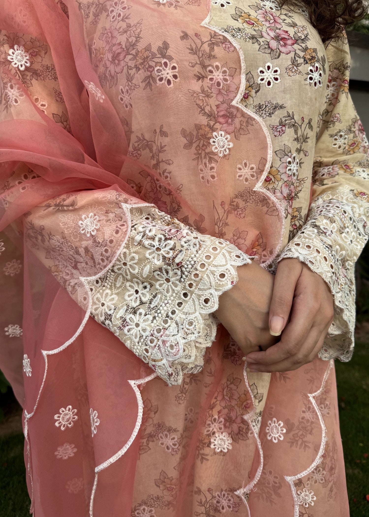 Naaz Couture Beige Print Lawn Chikankari Suit Women 3pcs