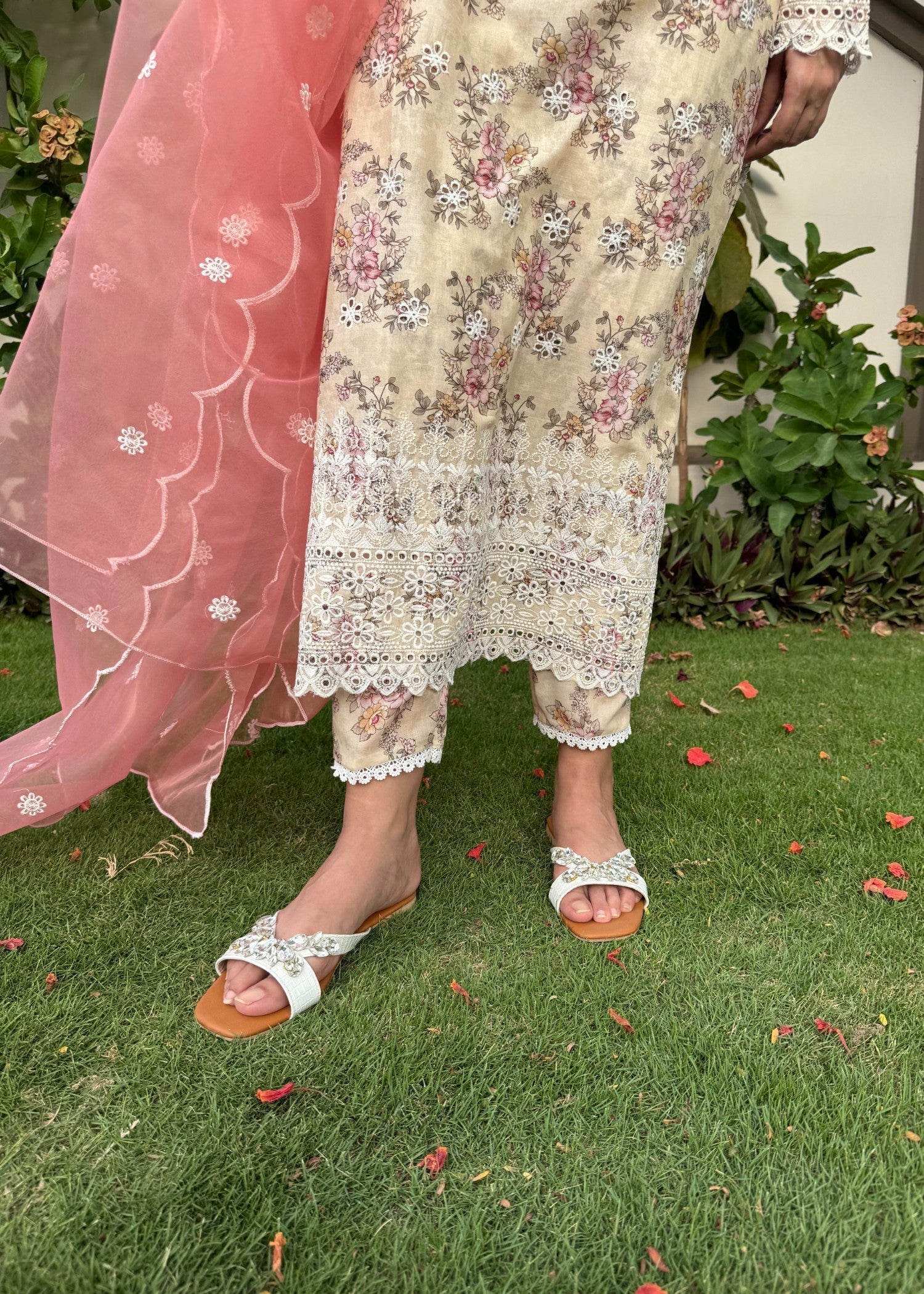 Naaz Couture Beige Print Lawn Chikankari Suit Women 3pcs