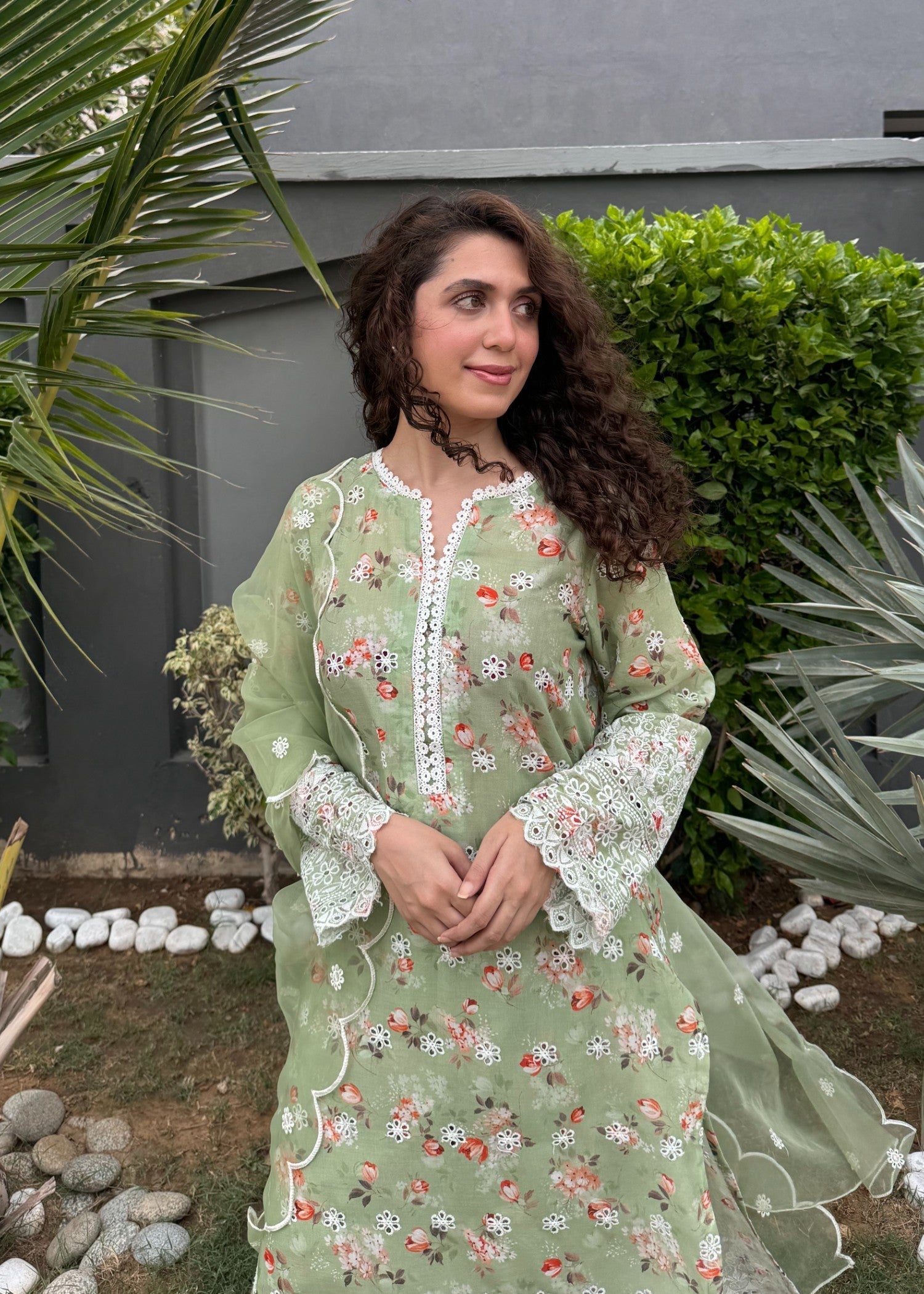 Naaz Couture Pistachio Green Lawn Chikankari Suit Women 3pcs