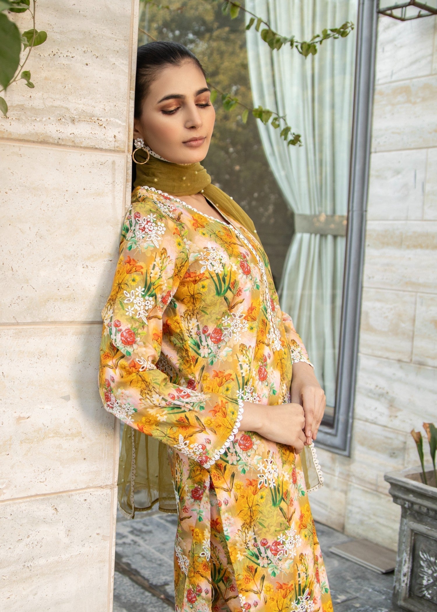 Naaz Couture Greenish Yellow Lawn Chikankari Suit Women 3pcs