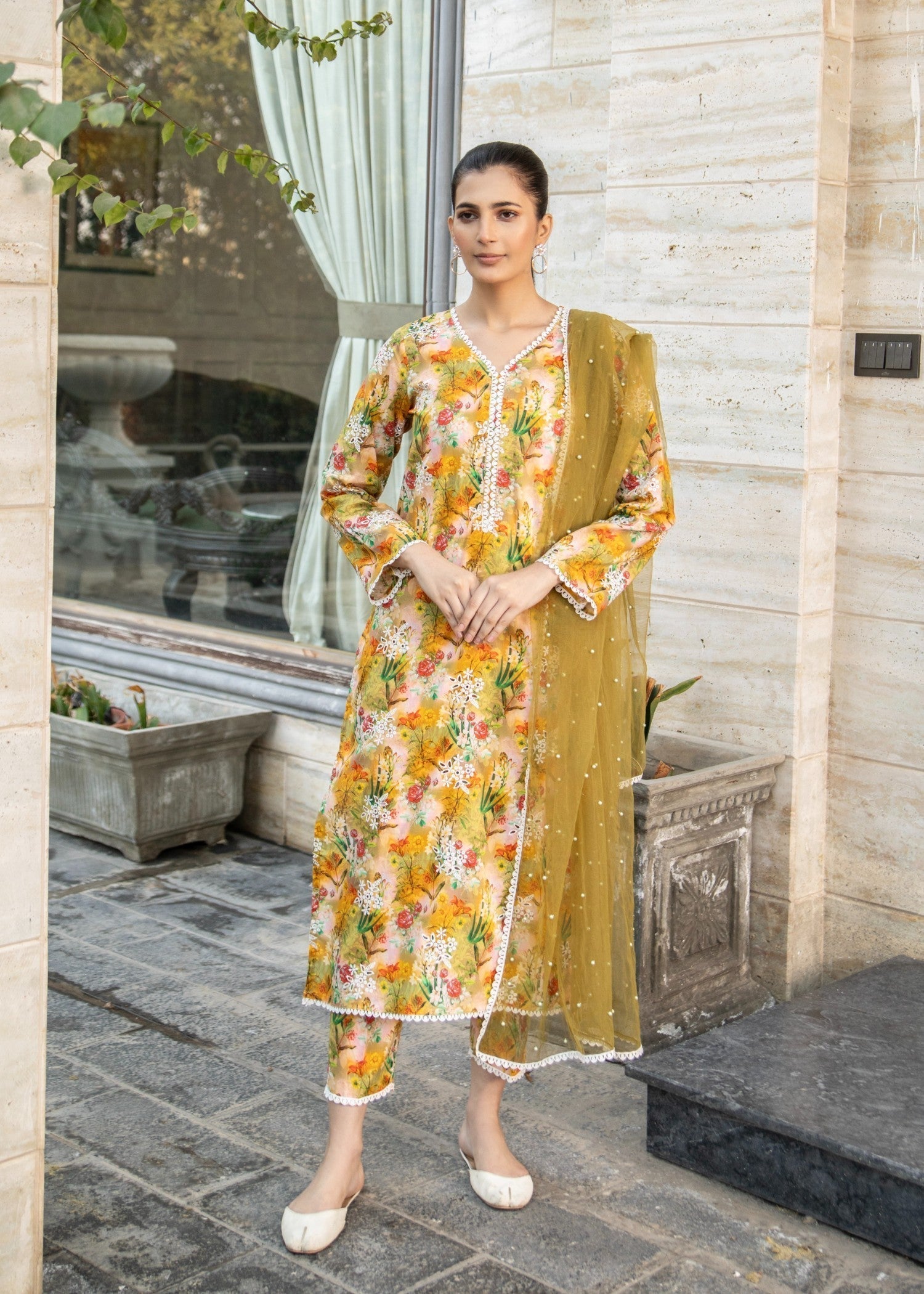 Naaz Couture Greenish Yellow Lawn Chikankari Suit Women 3pcs