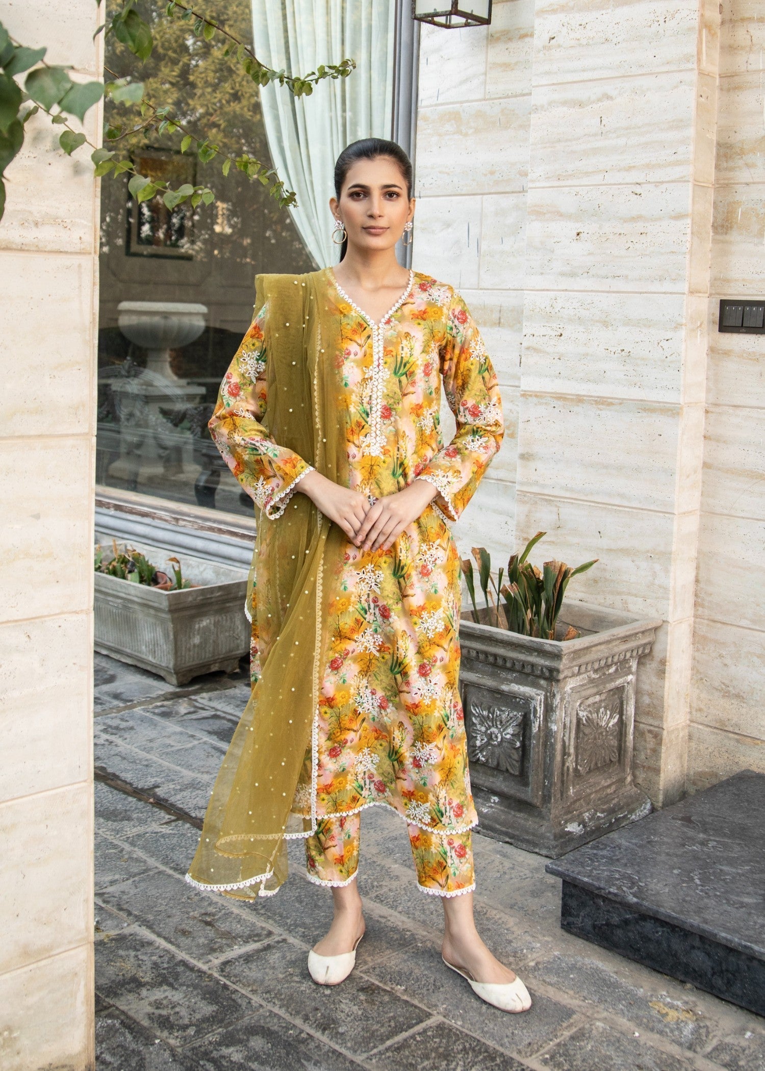 Naaz Couture Greenish Yellow Lawn Chikankari Suit Women 3pcs