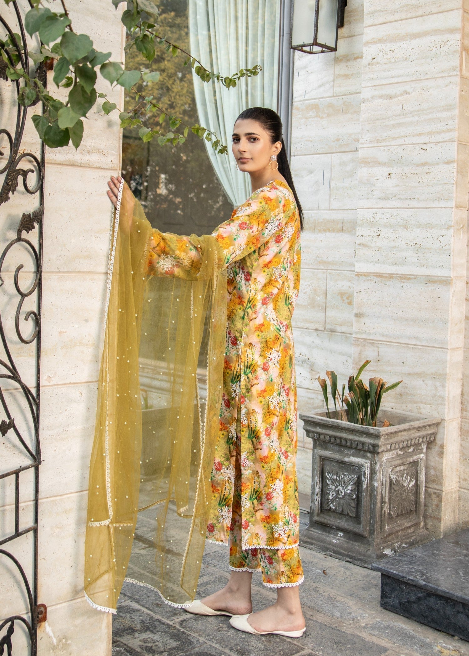 Naaz Couture Greenish Yellow Lawn Chikankari Suit Women 3pcs