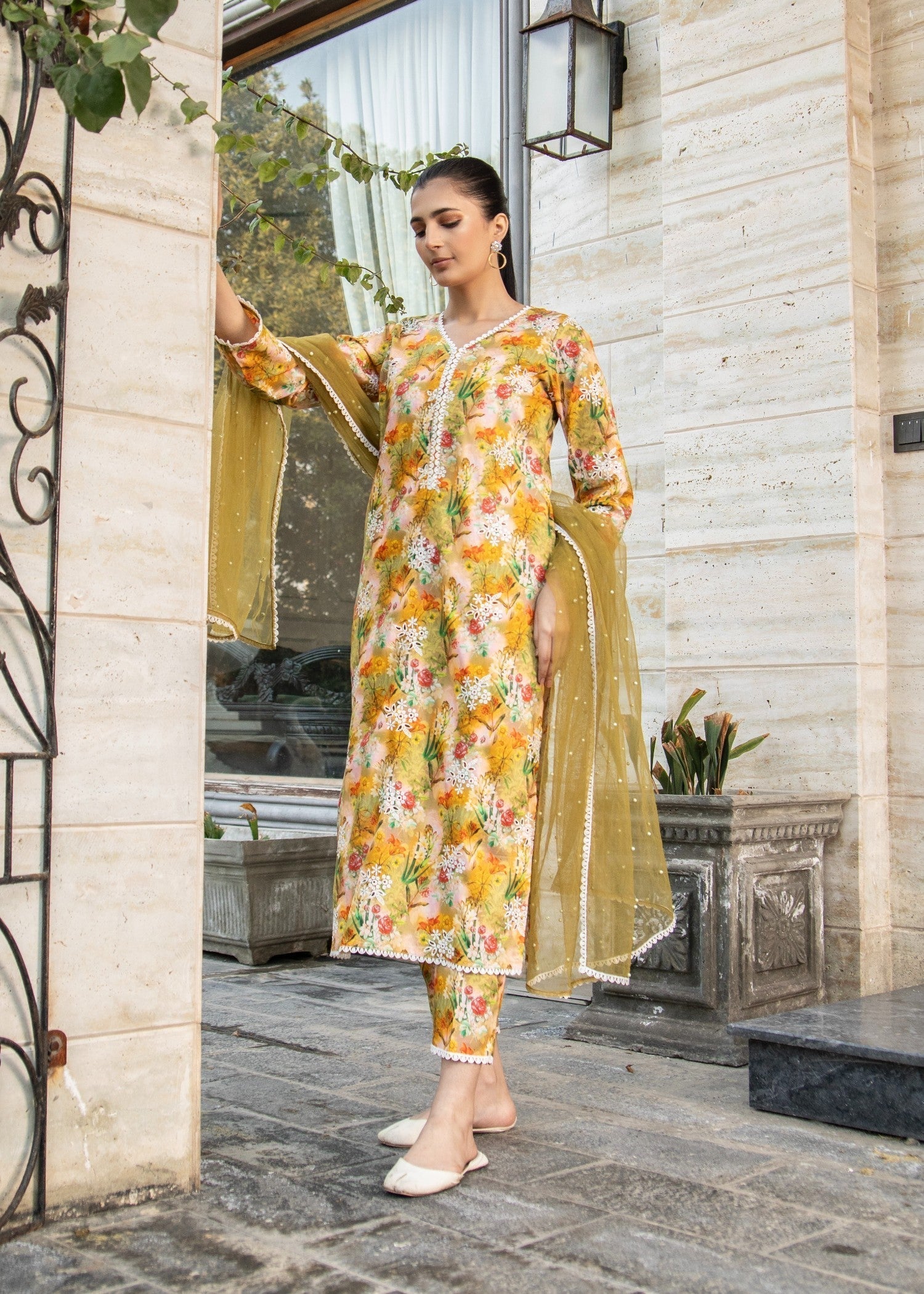 Naaz Couture Greenish Yellow Lawn Chikankari Suit Women 3pcs