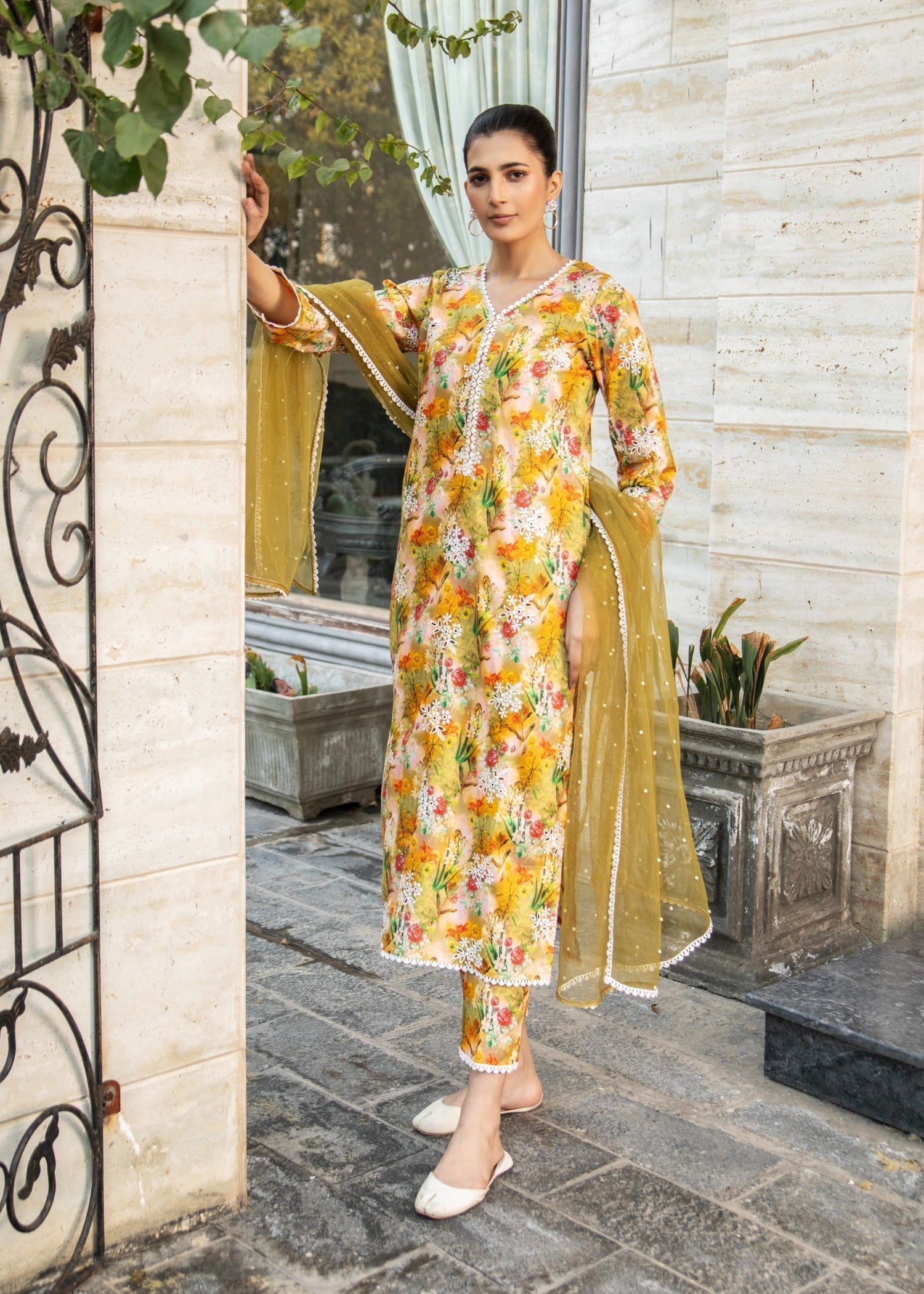 Naaz Couture Greenish Yellow Lawn Chikankari Suit Women 3pcs