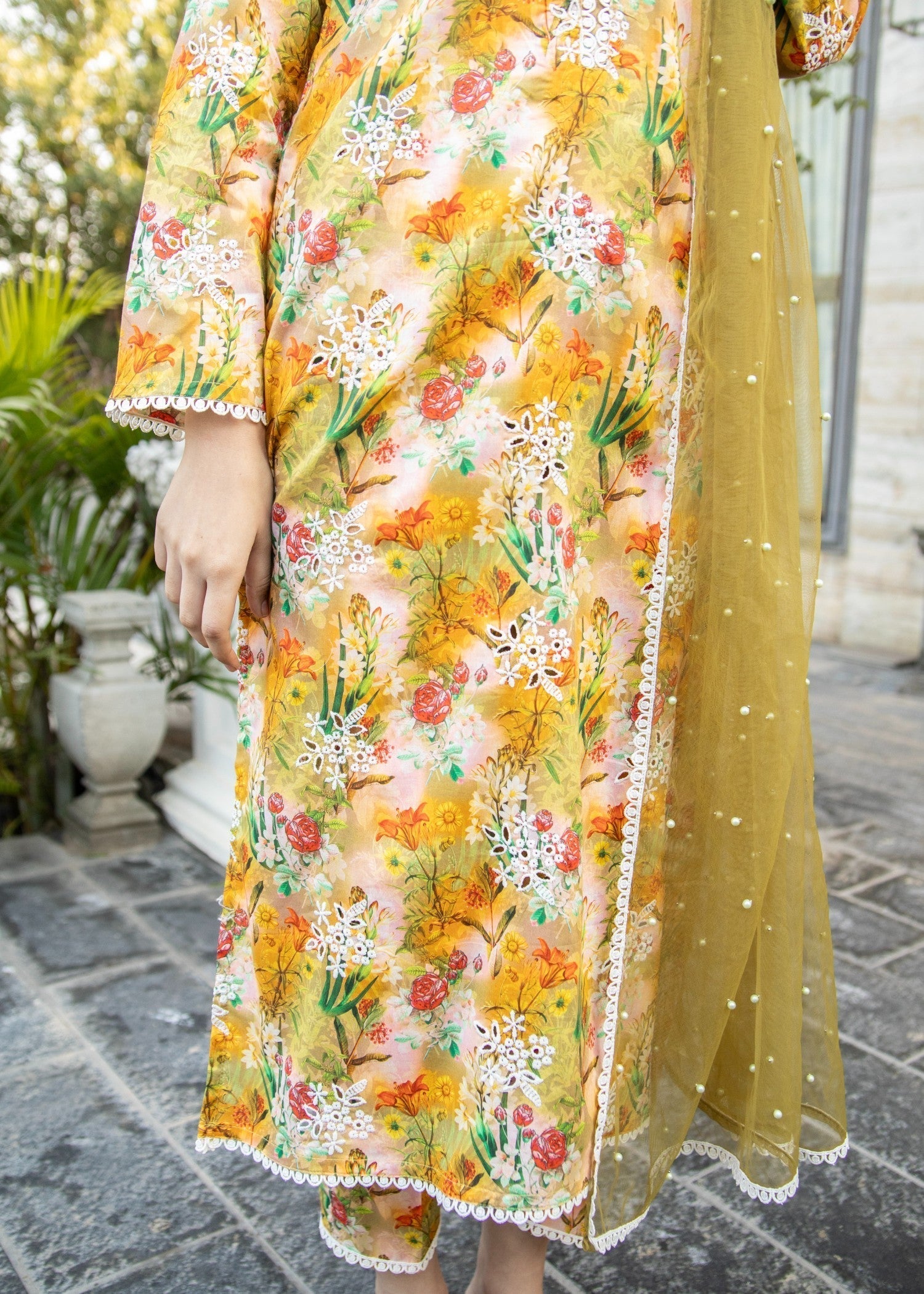 Naaz Couture Greenish Yellow Lawn Chikankari Suit Women 3pcs