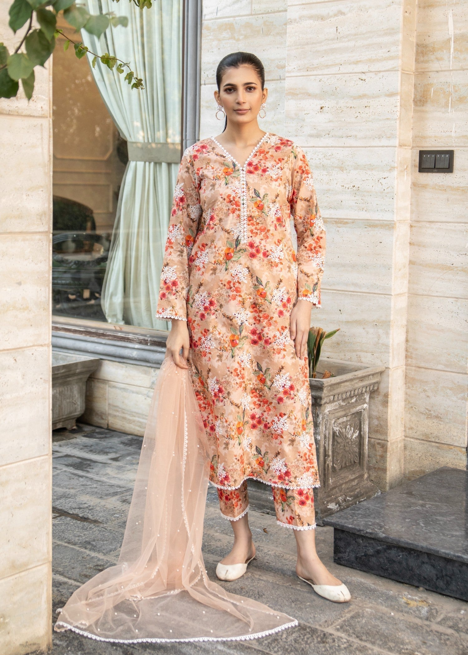 Naaz Couture Peach Lawn Chikankari Suit Women 3pcs