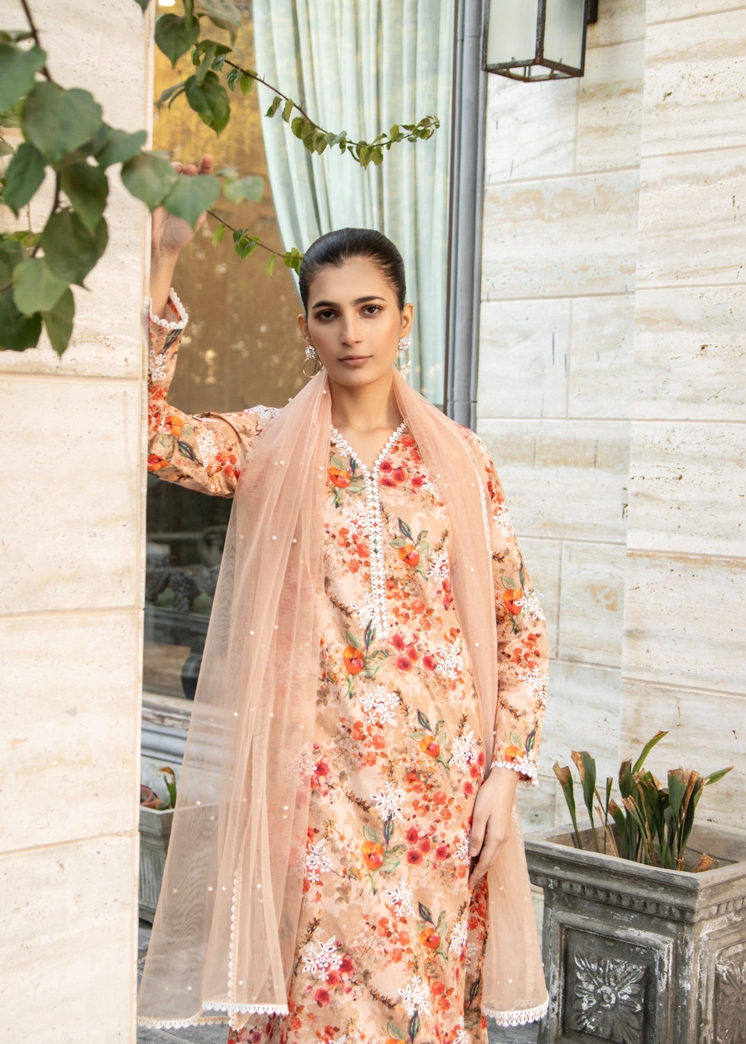 Naaz Couture Peach Lawn Chikankari Suit Women 3pcs