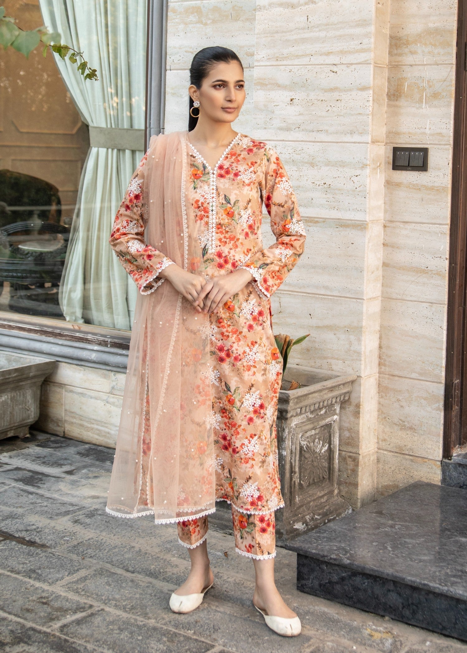 Naaz Couture Peach Lawn Chikankari Suit Women 3pcs