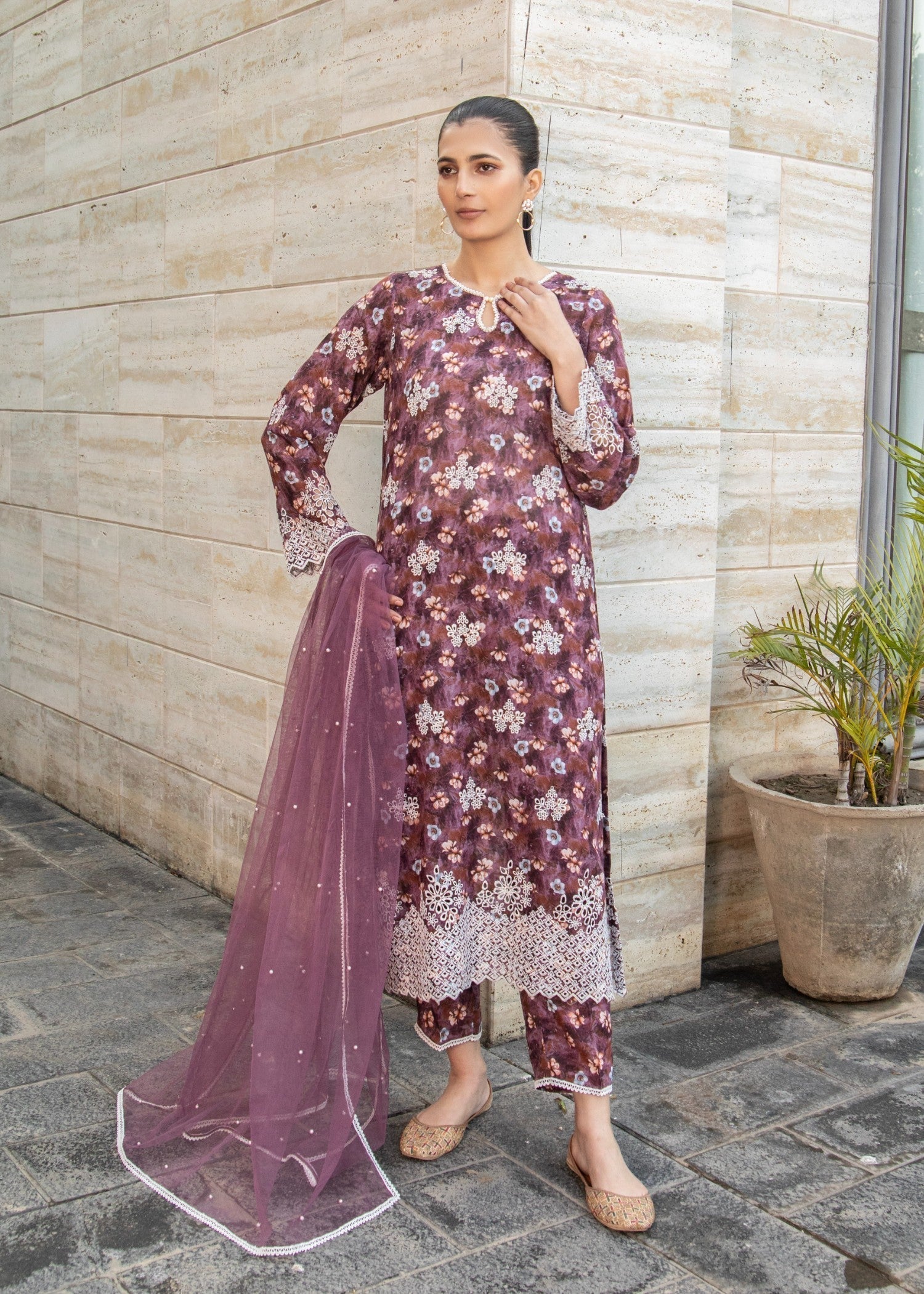 Naaz Couture Mauve Lawn Chikankari Suit Women 3pcs