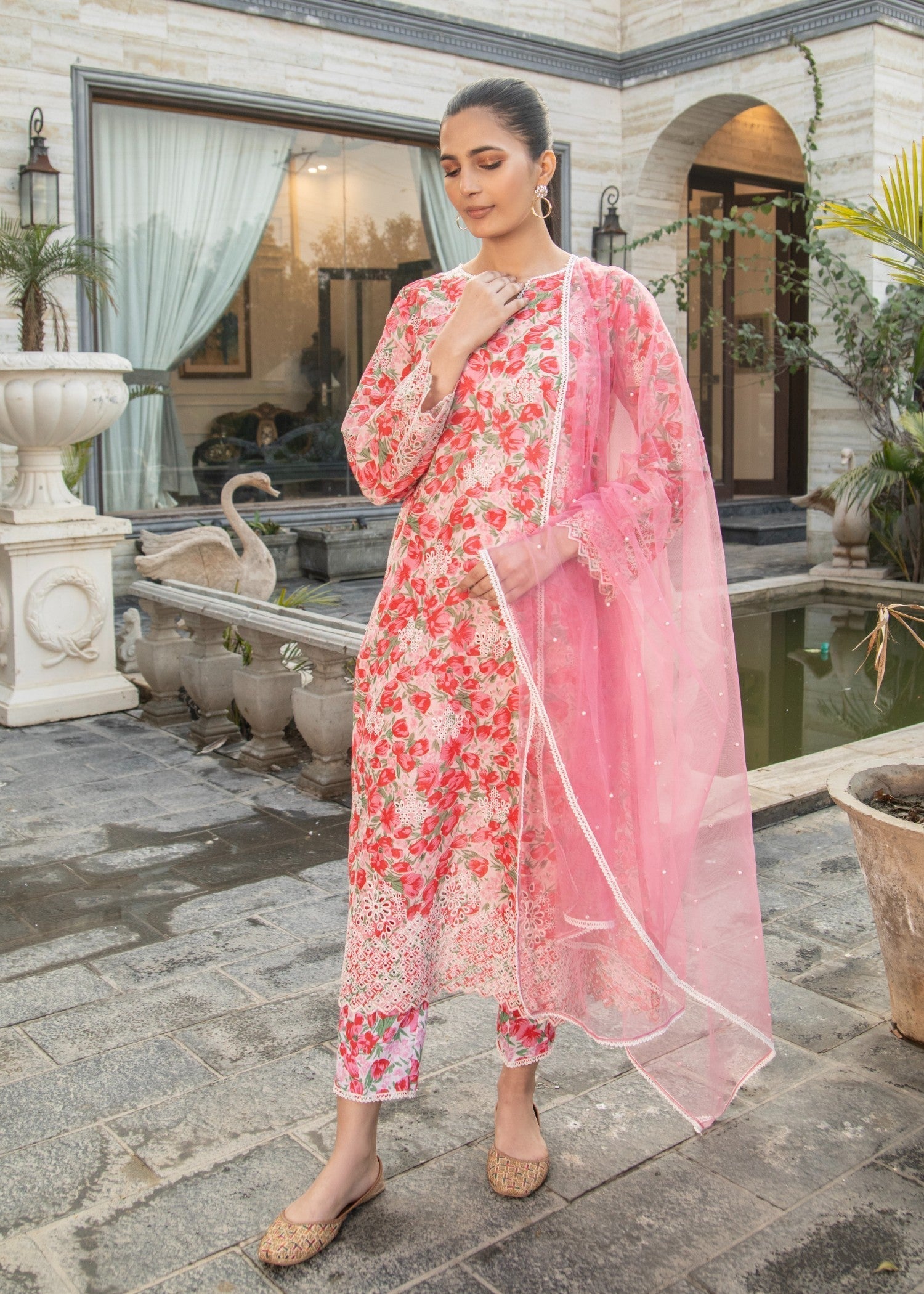 Naaz Couture Rose Pink Lawn Chikankari Suit Women 3pcs