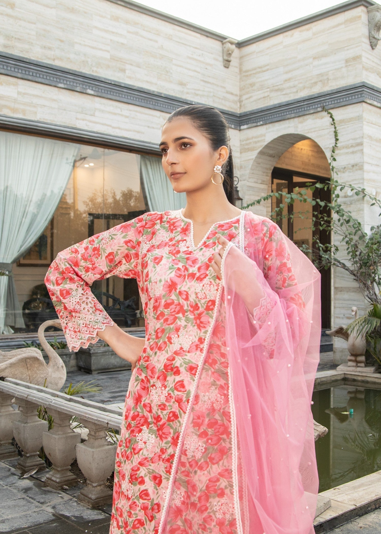 Naaz Couture Rose Pink Lawn Chikankari Suit Women 3pcs