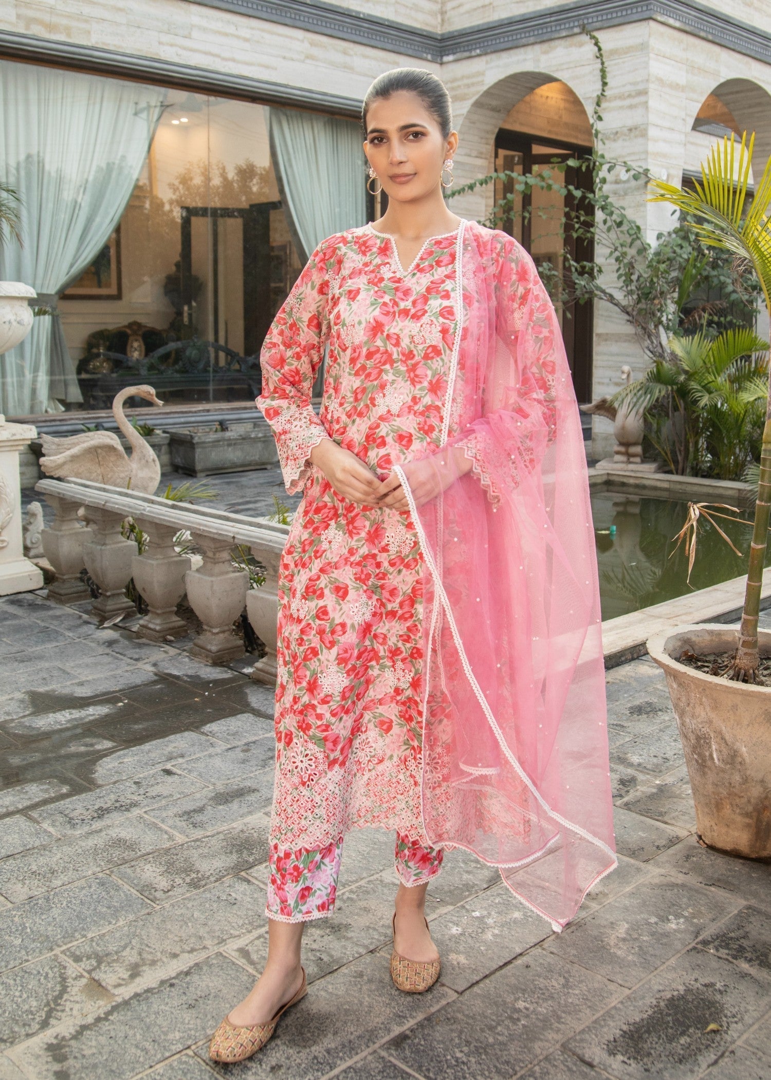 Naaz Couture Rose Pink Lawn Chikankari Suit Women 3pcs