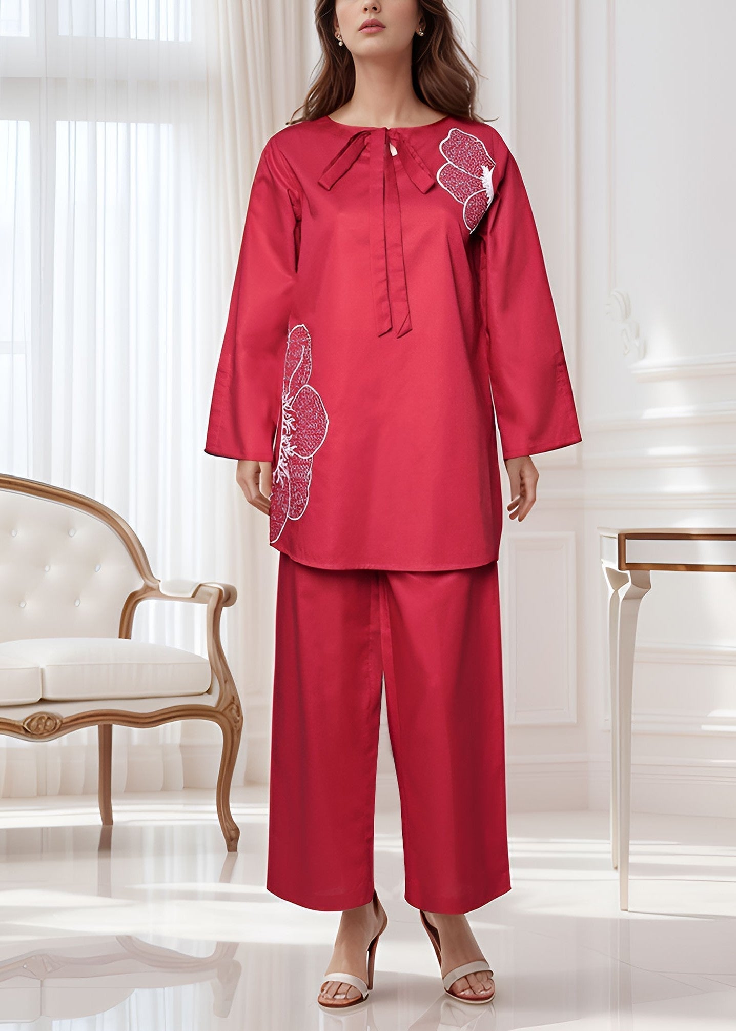 Polkadots Vibrant Red Plain Suit 14362HG Women 2pcs