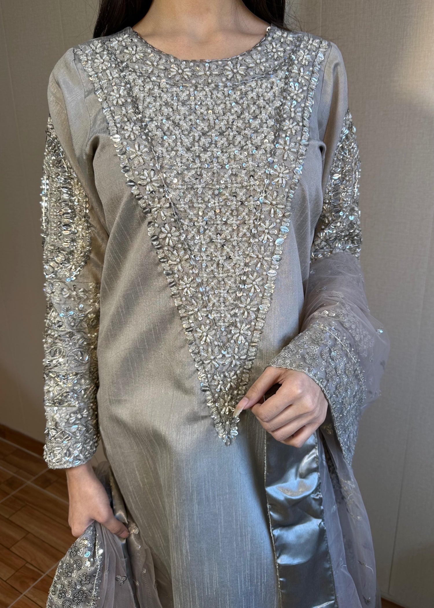 Suits By Sadia Silver grey silk Women 3pcs