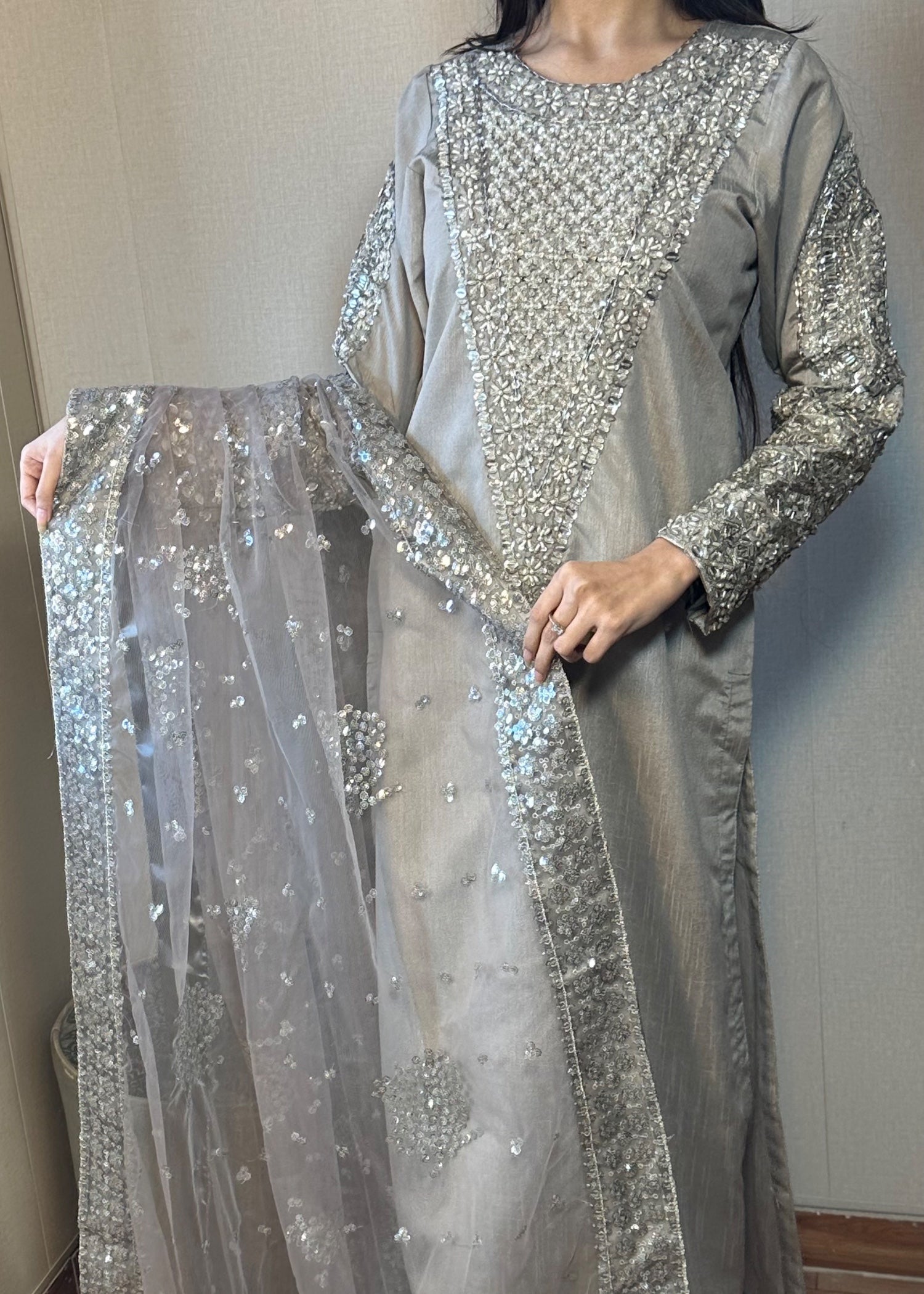 Suits By Sadia Silver grey silk Women 3pcs