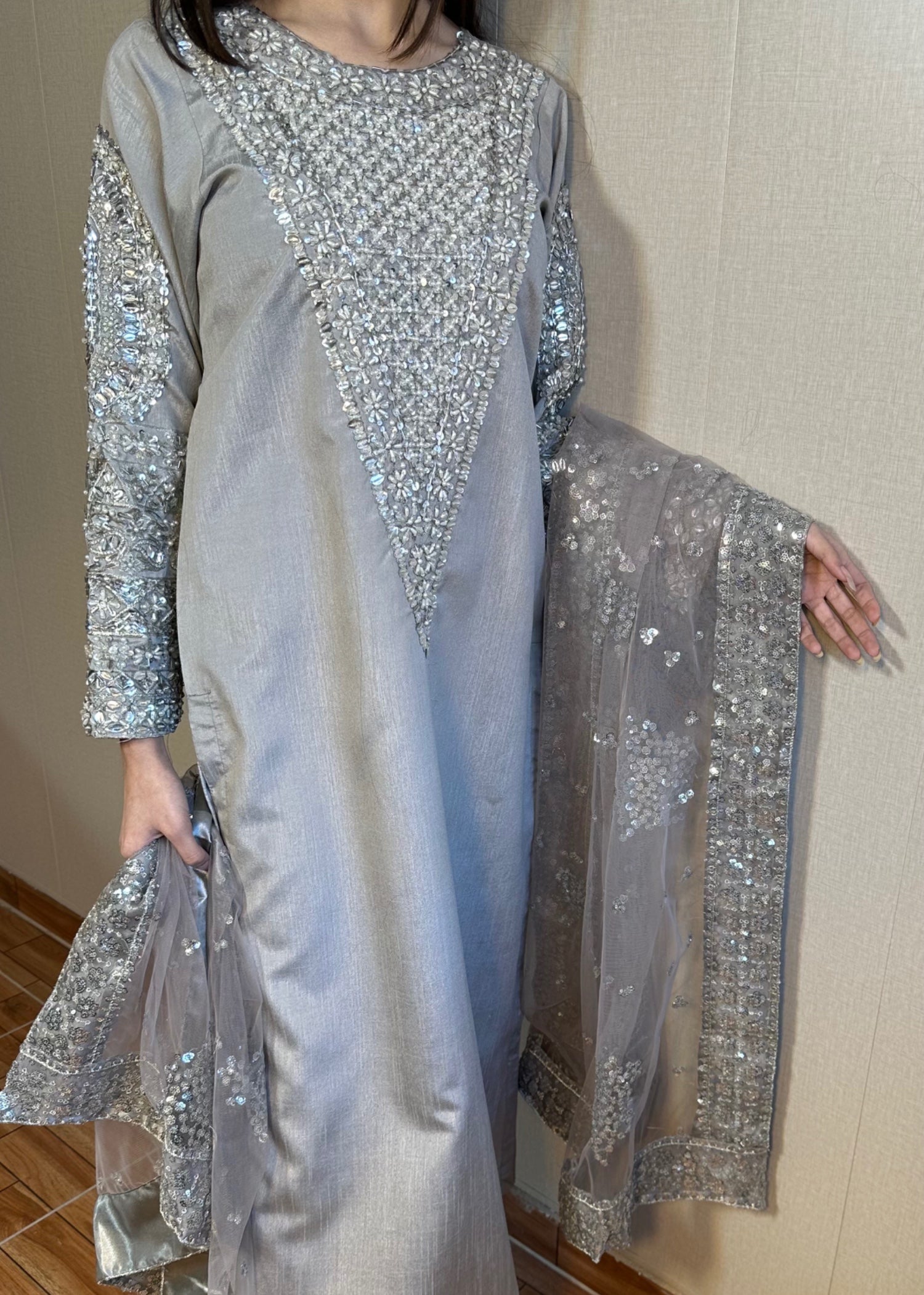 Suits By Sadia Silver grey silk Women 3pcs