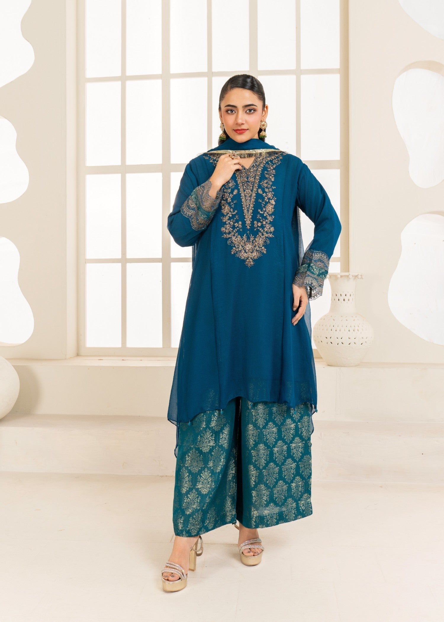 Pehnawa Fashion CHIC SHORT EMB TEAL FROCK Women 3pcs