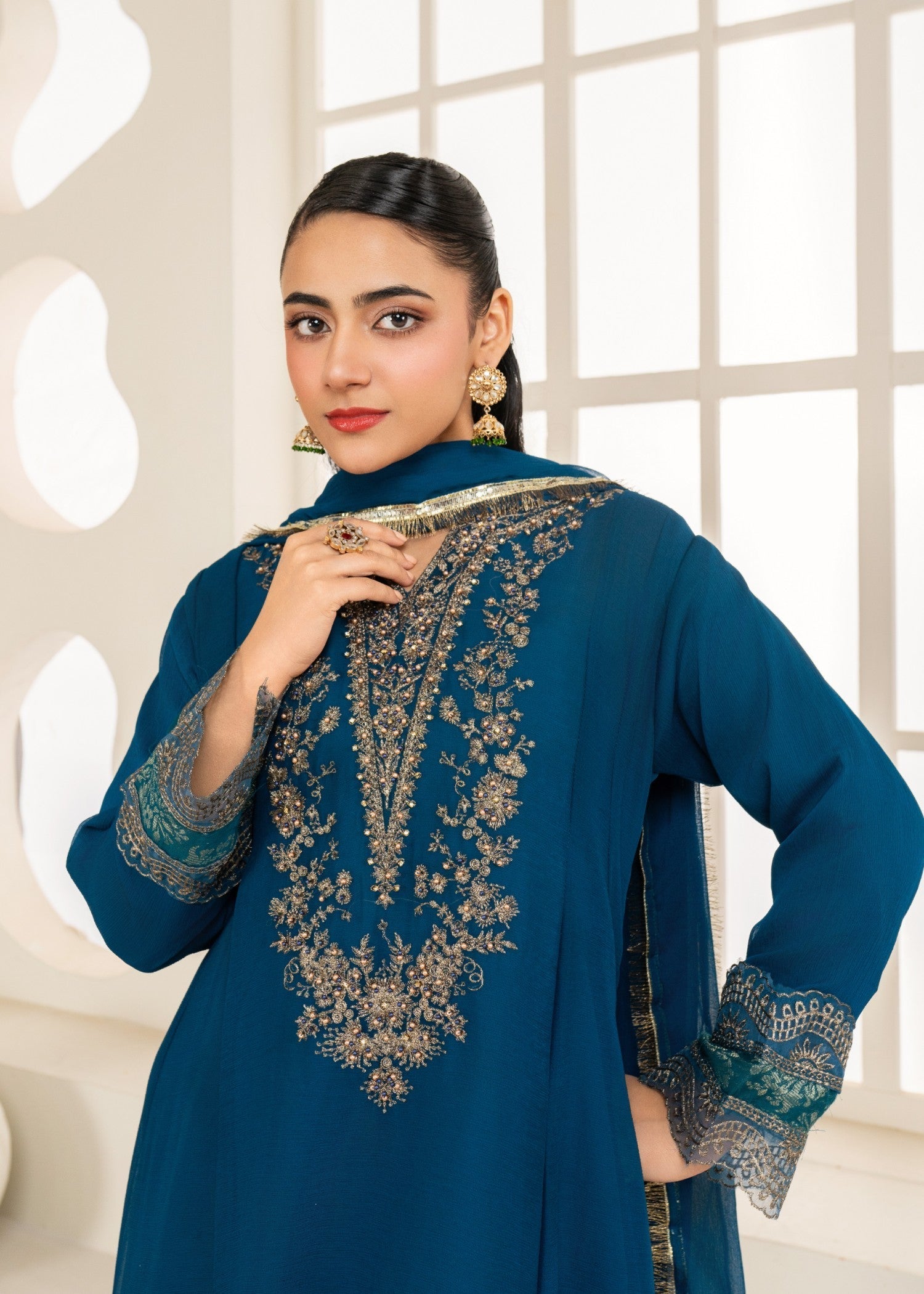 Pehnawa Fashion CHIC SHORT EMB TEAL FROCK Women 3pcs