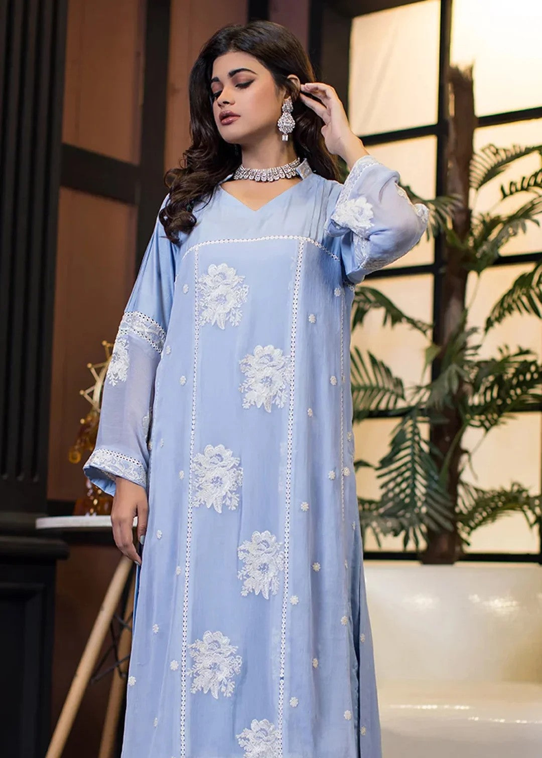 Urban Cut Embroidered Chiffon Kurta | Blue Women 1pcs