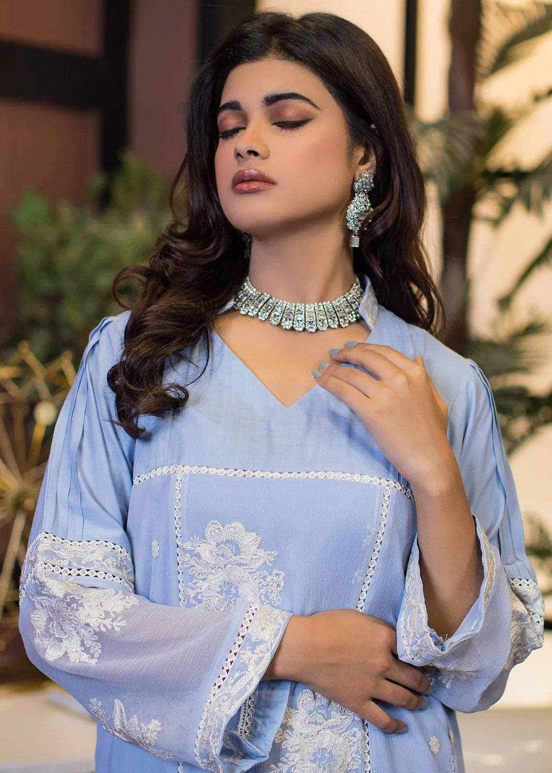 Urban Cut Embroidered Chiffon Kurta | Blue Women 1pcs