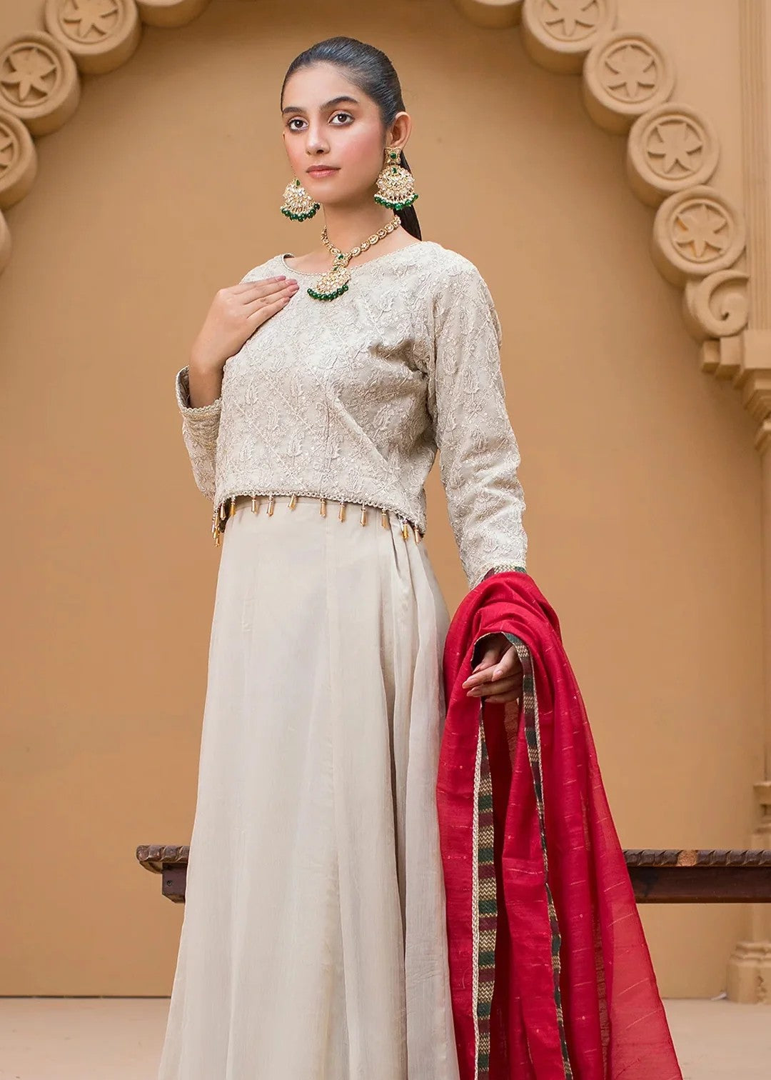 Urban Cut Embroidered Suit | Light Beige Women 3pcs