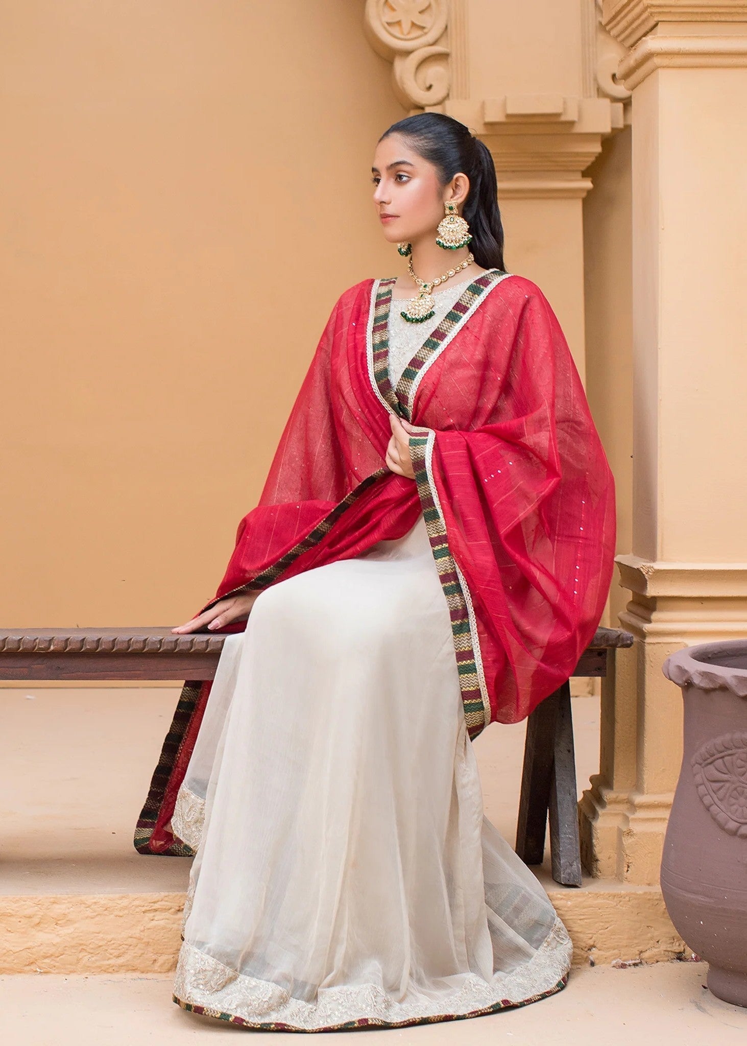 Urban Cut Embroidered Suit | Light Beige Women 3pcs