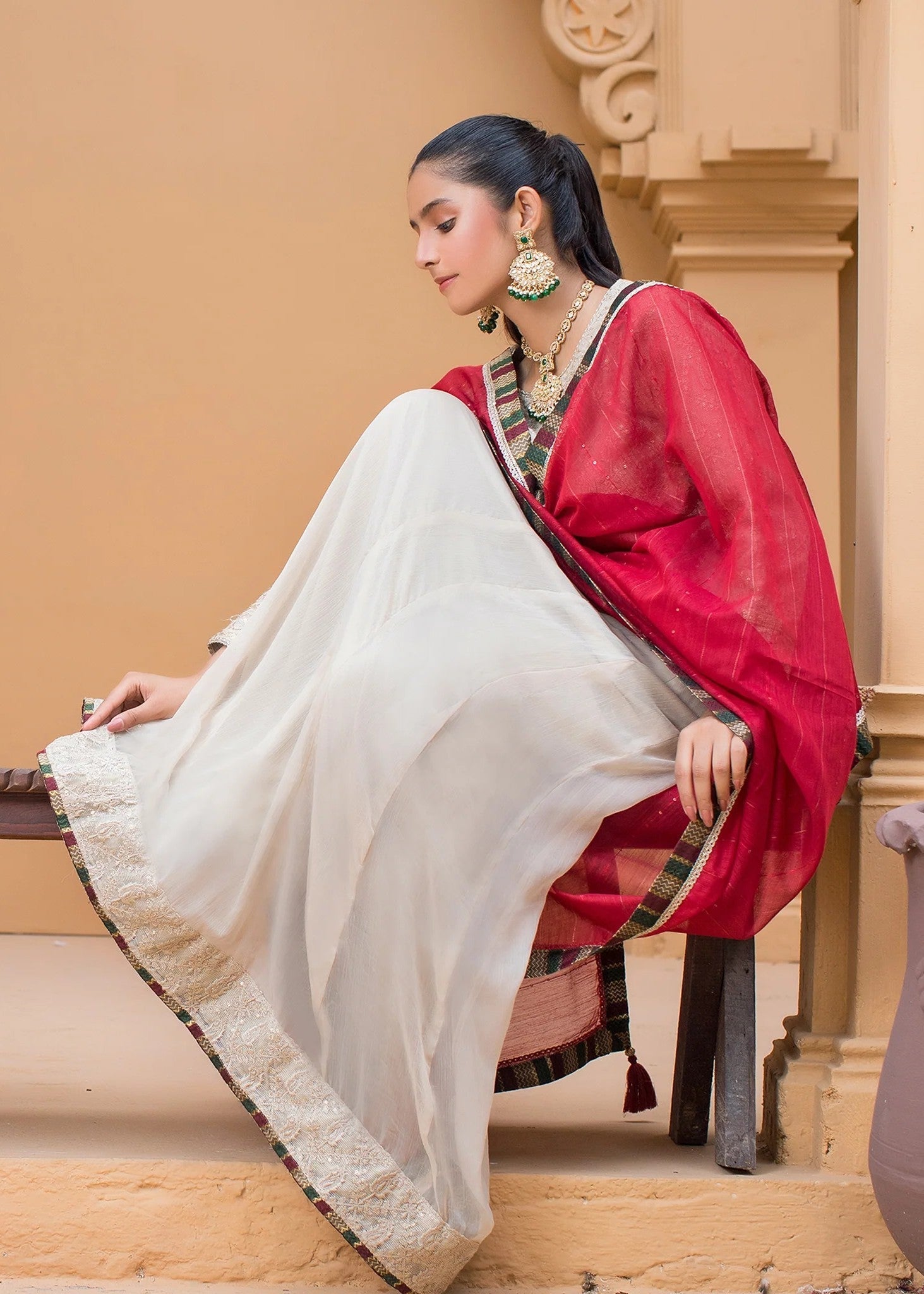 Urban Cut Embroidered Suit | Light Beige Women 3pcs