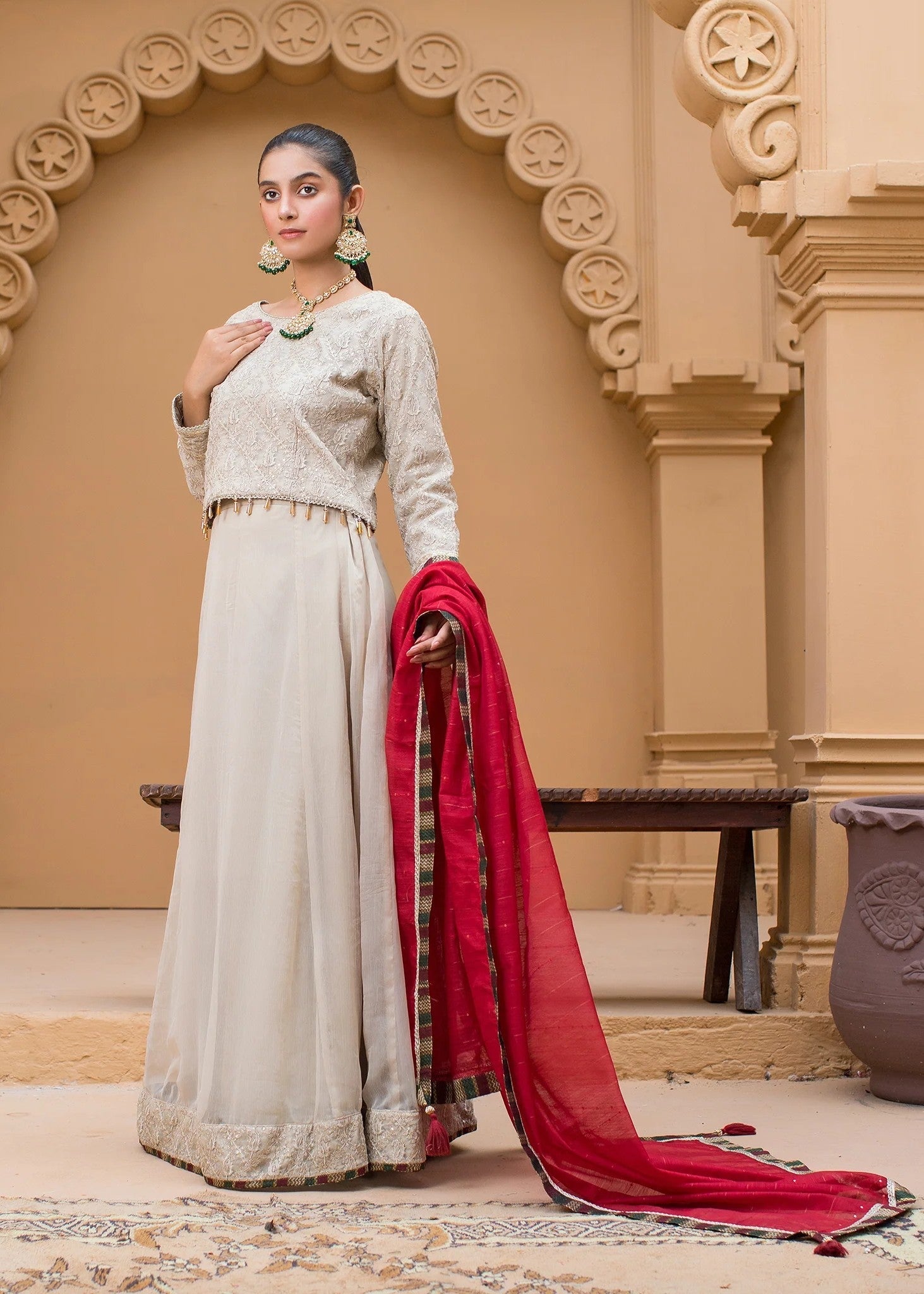 Urban Cut Embroidered Suit | Light Beige Women 3pcs