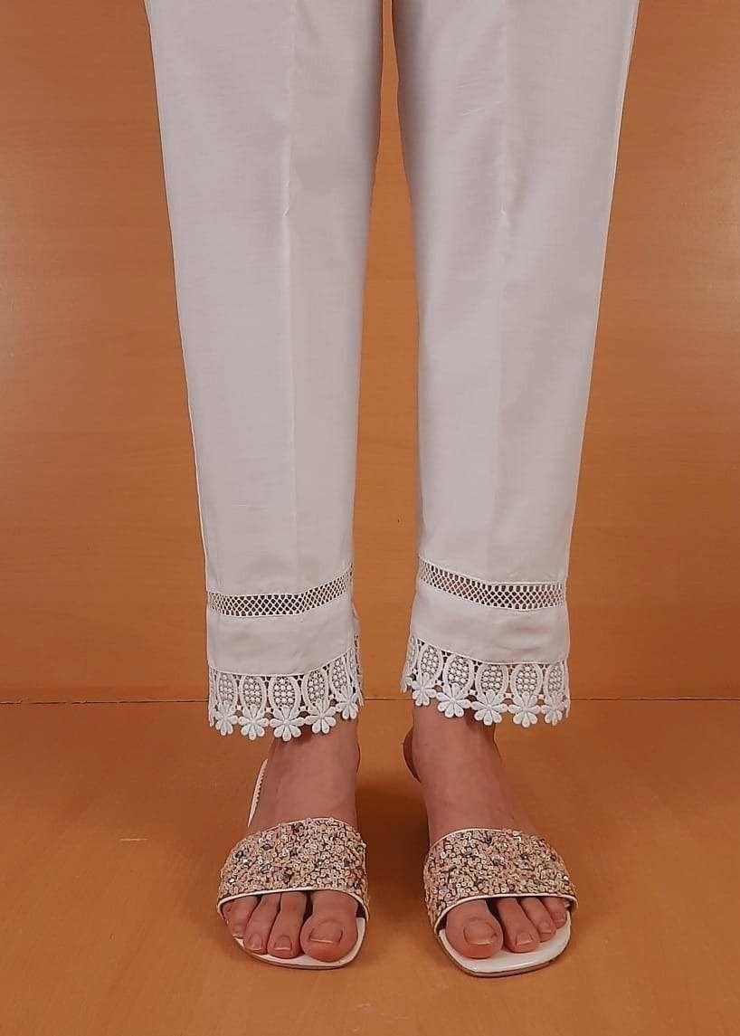 Zardi Laces Embellished Trouser Pant Cotton White ZT427 Women 1pcs