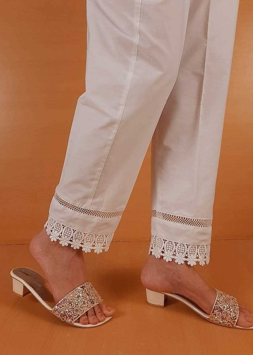 Zardi Laces Embellished Trouser Pant Cotton White ZT427 Women 1pcs