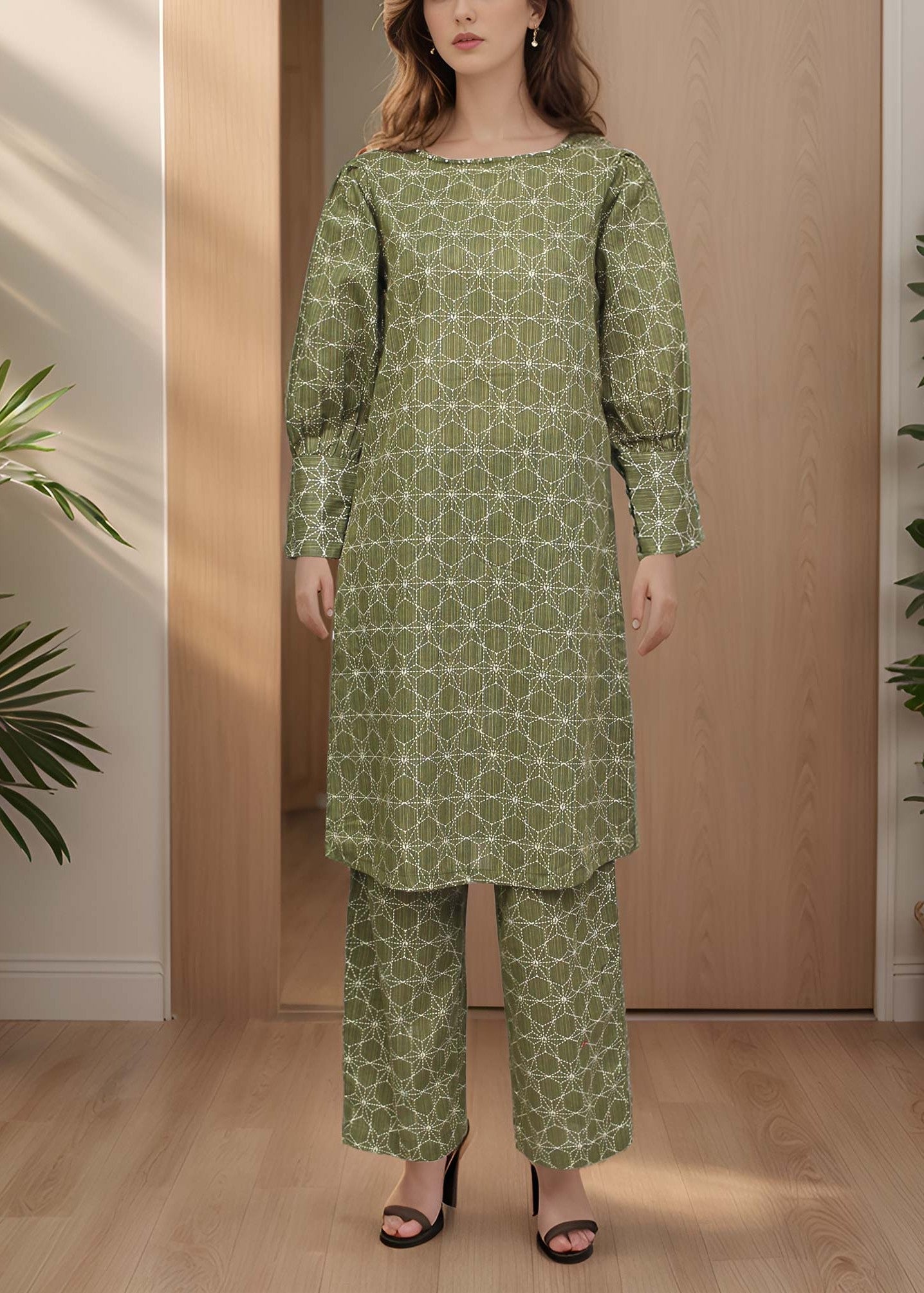 Polkadots Olive Green Self Printed Suit 14095HG Women 2pcs