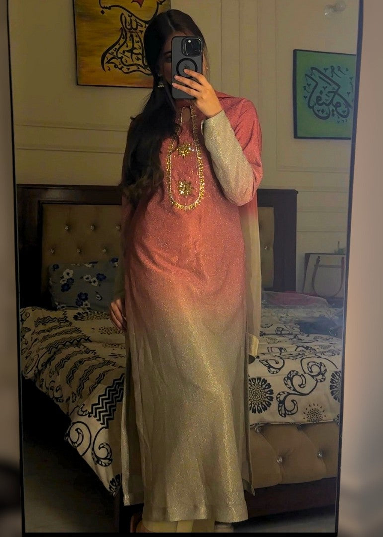 Haya'S Creation Crystal worked Pink & Gold Moonlight Dress Women 3pcs