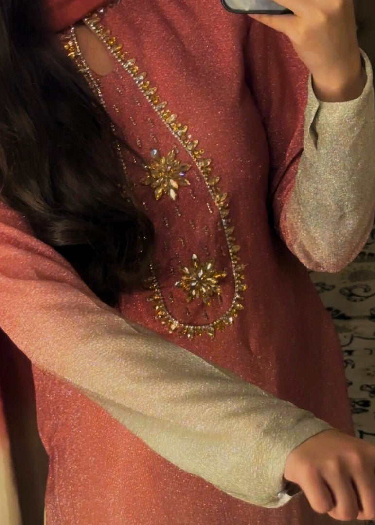 Haya'S Creation Crystal worked Pink & Gold Moonlight Dress Women 3pcs