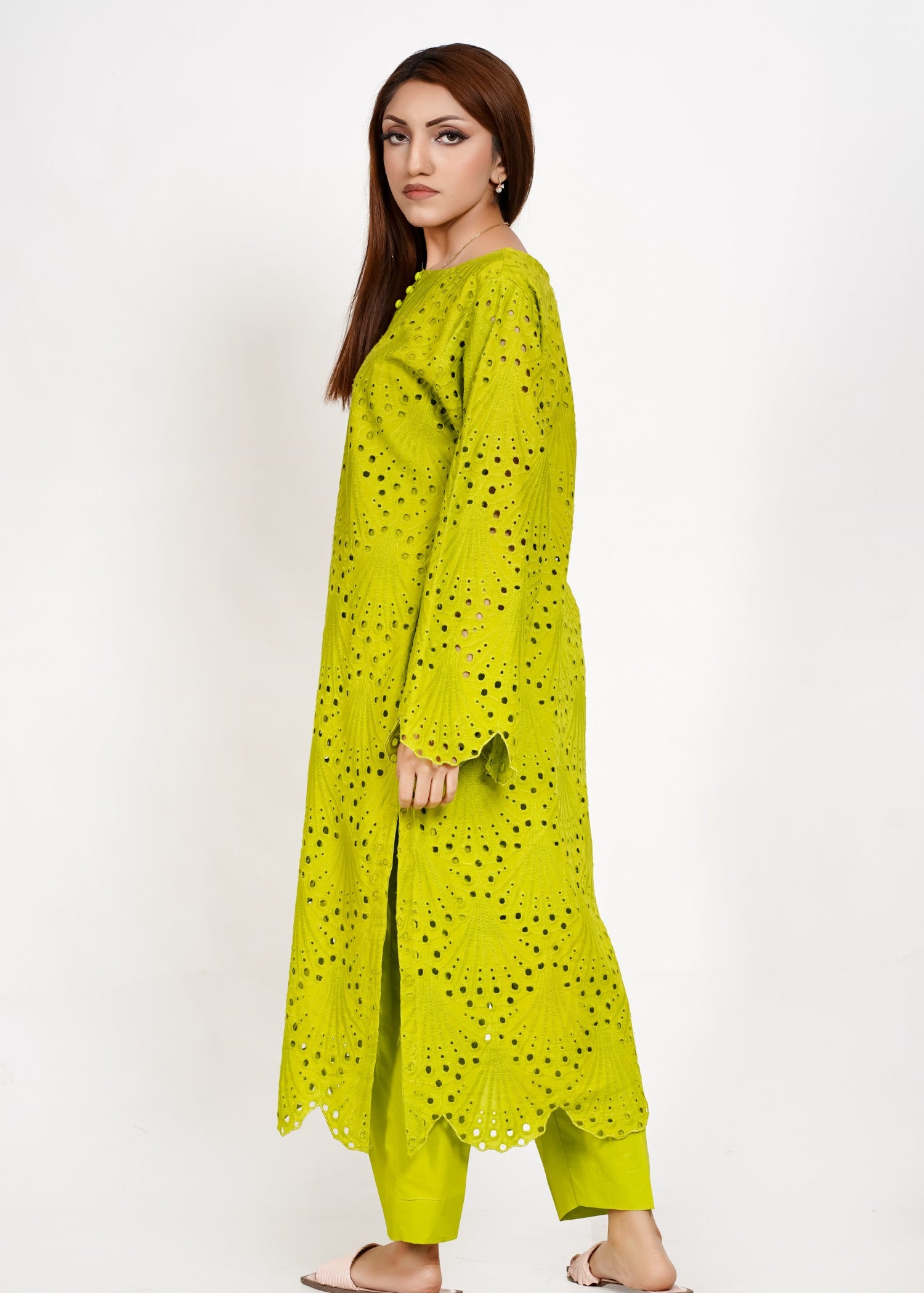 Bint-E-Hussain Cutwork Chikankari Kurta Set Neon Green Women 2pcs